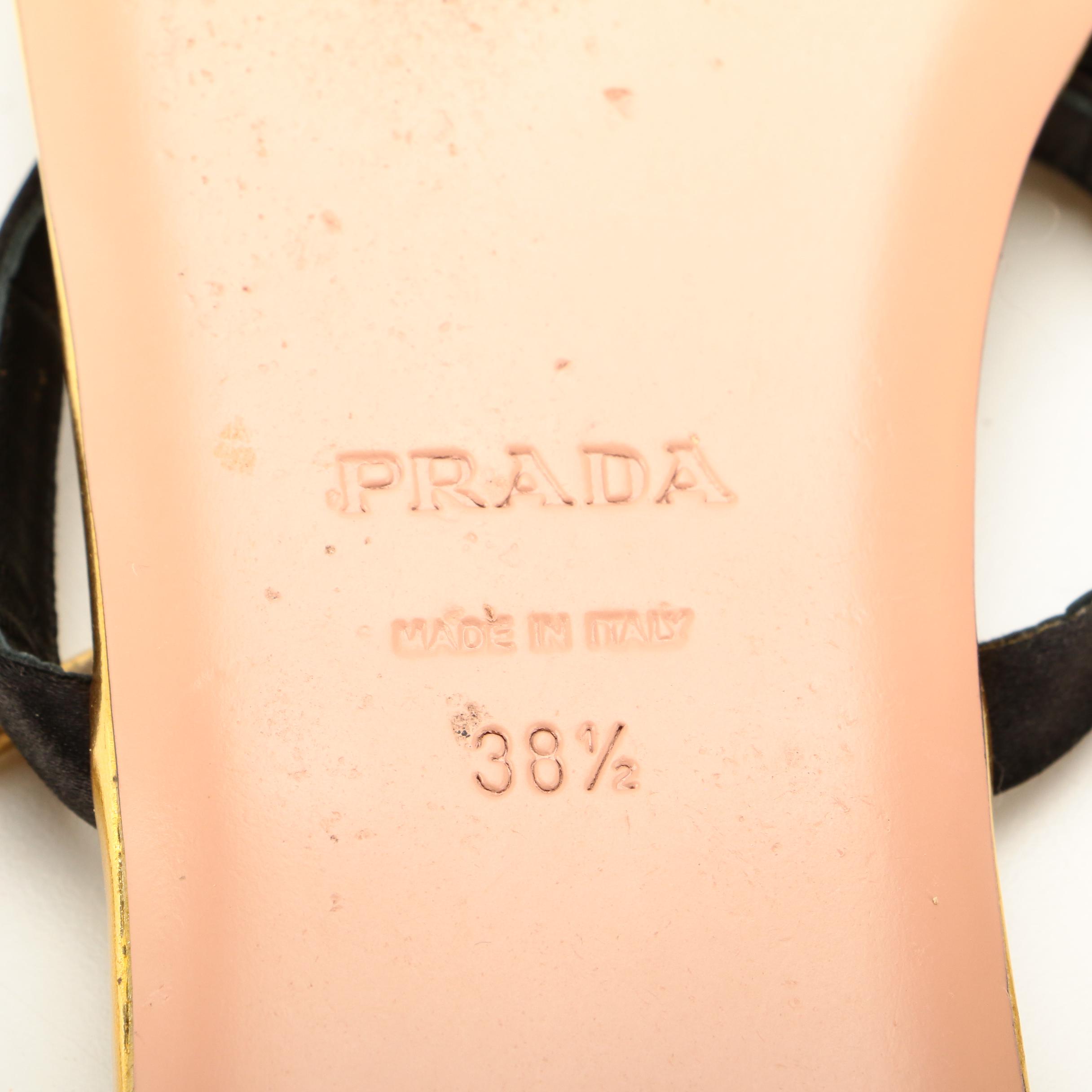 Prada Gold Metallic Leather and Black T-Strap Flat Sandals with Bow Detail