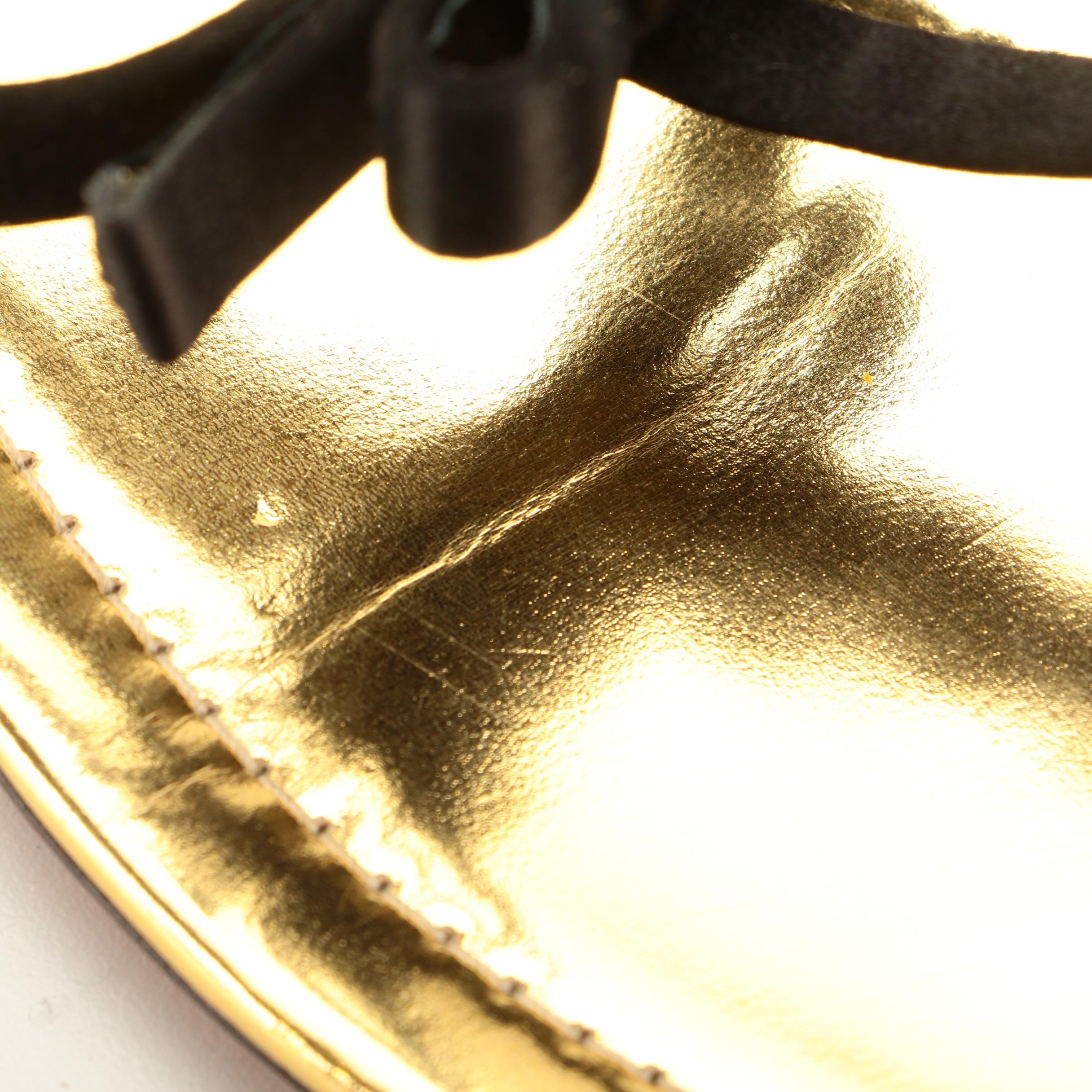 Prada Gold Metallic Leather and Black T-Strap Flat Sandals with Bow Detail