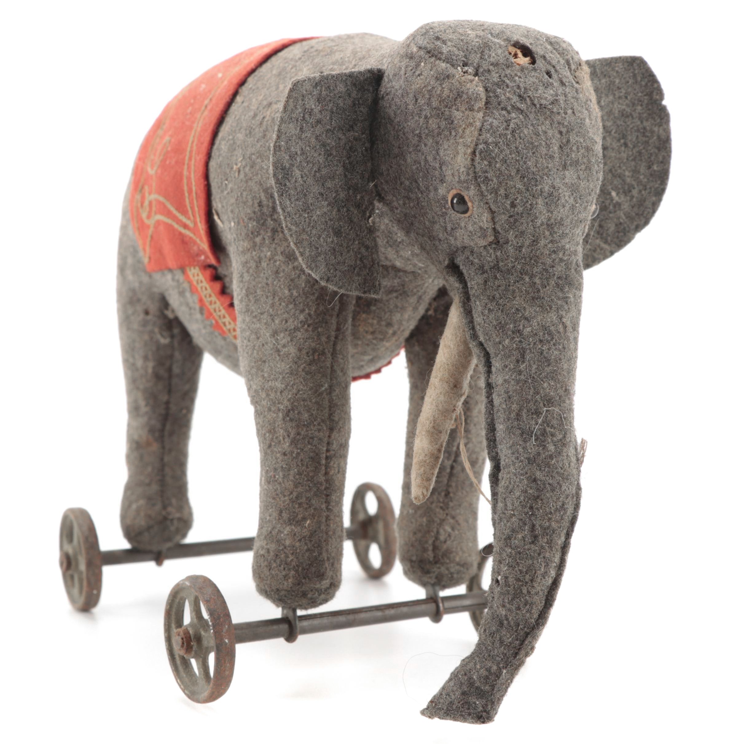 Felt Circus Elephant on Wheels Pull Toy, Late 19th/ Early 20th Century