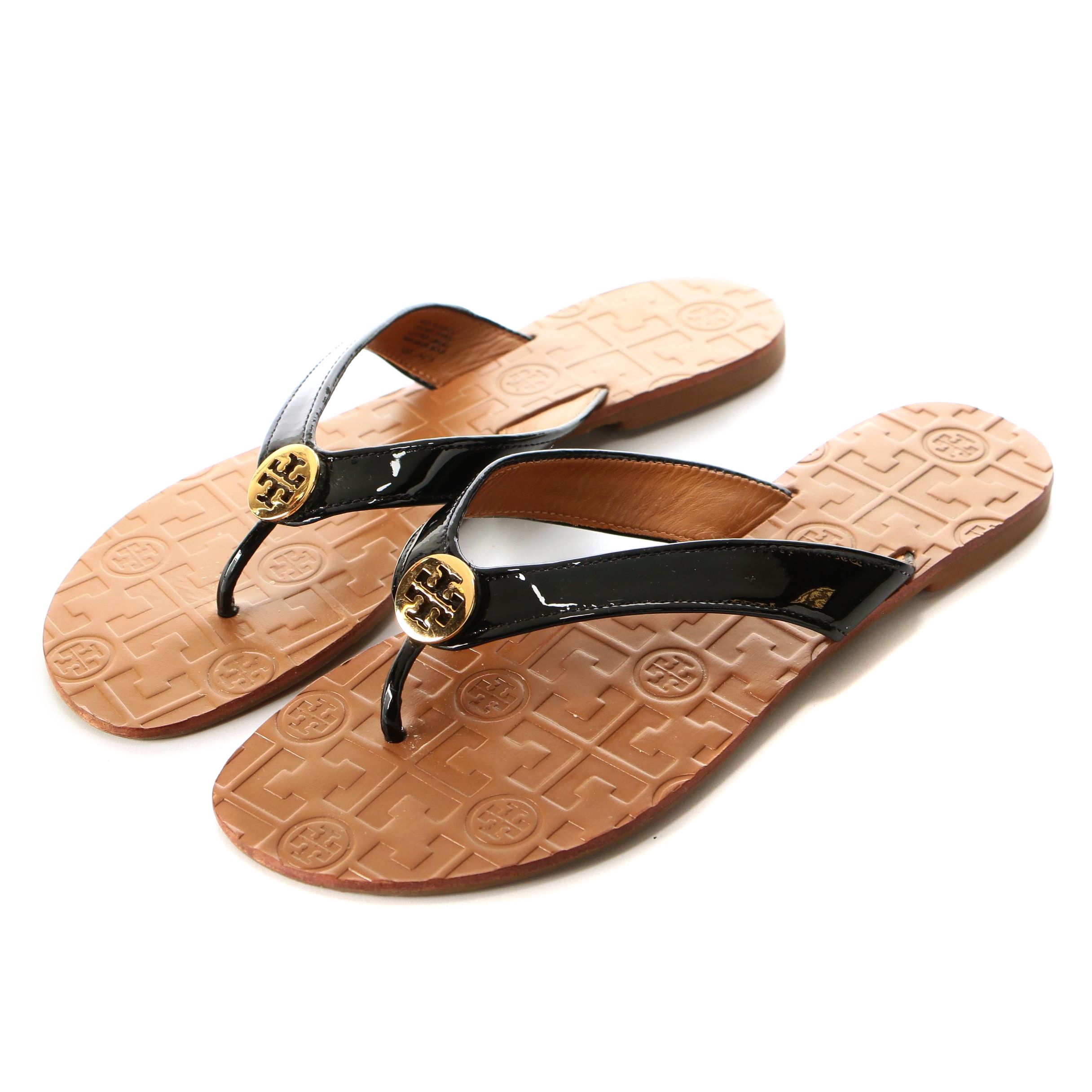 Tory Burch Manon Thong Sandals in Black Patent Leather
