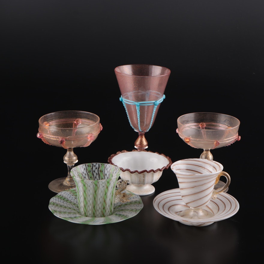 Murano Art Glass Champagne Coupes, Goblet, Cup and Saucers, and Decorative Bowl