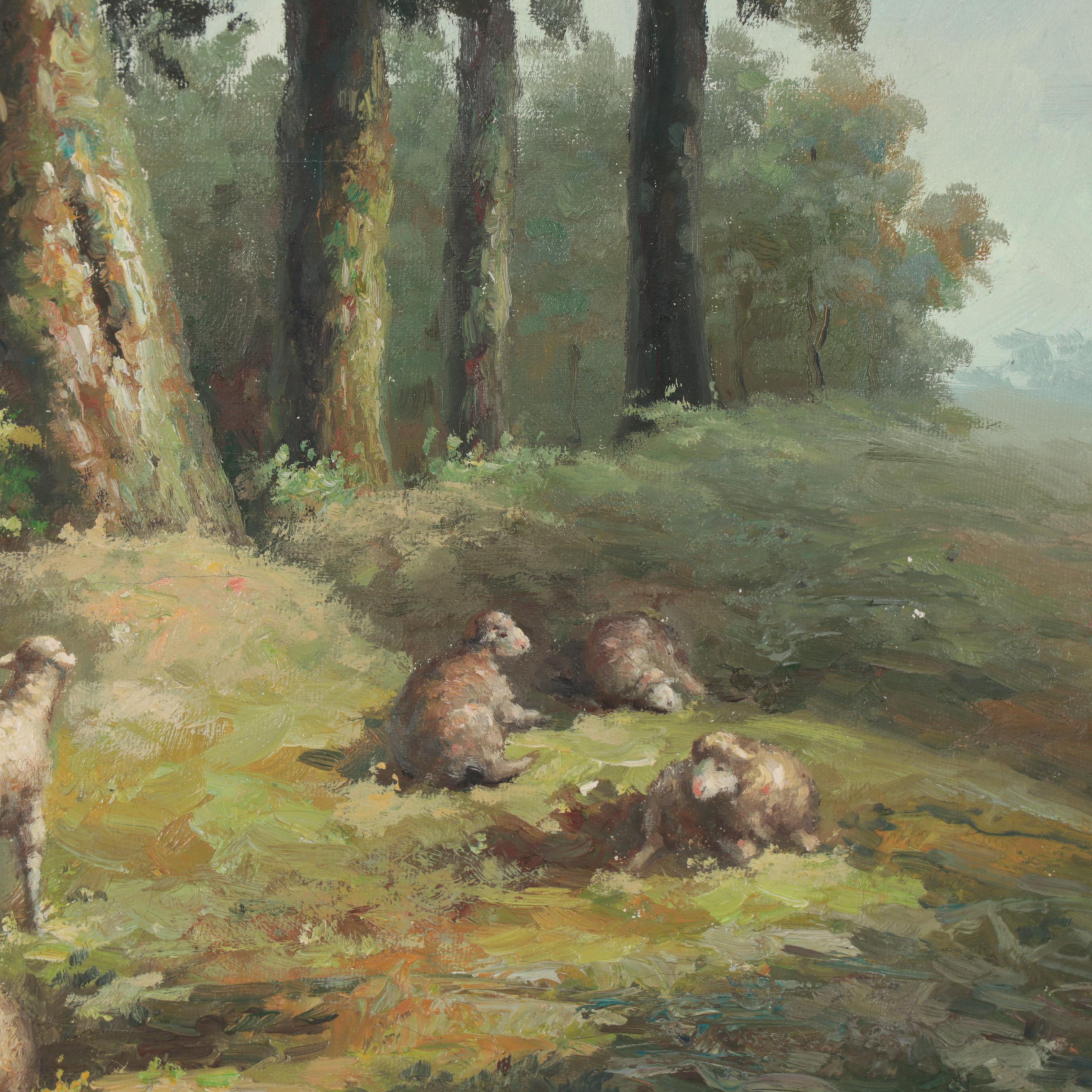 Pastoral Landscape Oil Painting in French Baroque Style Frame, Circa 2000