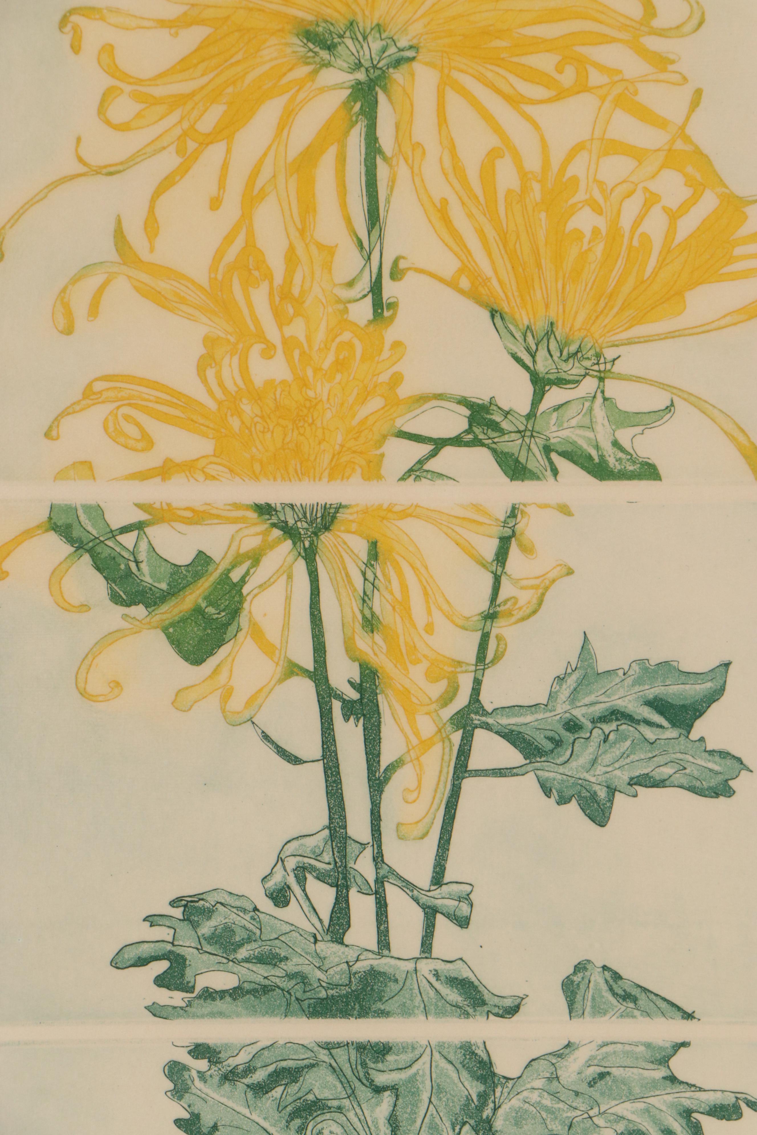 Elaine Burch Floral Etchings "Tiger Lilies" and "Chrysanthemums"
