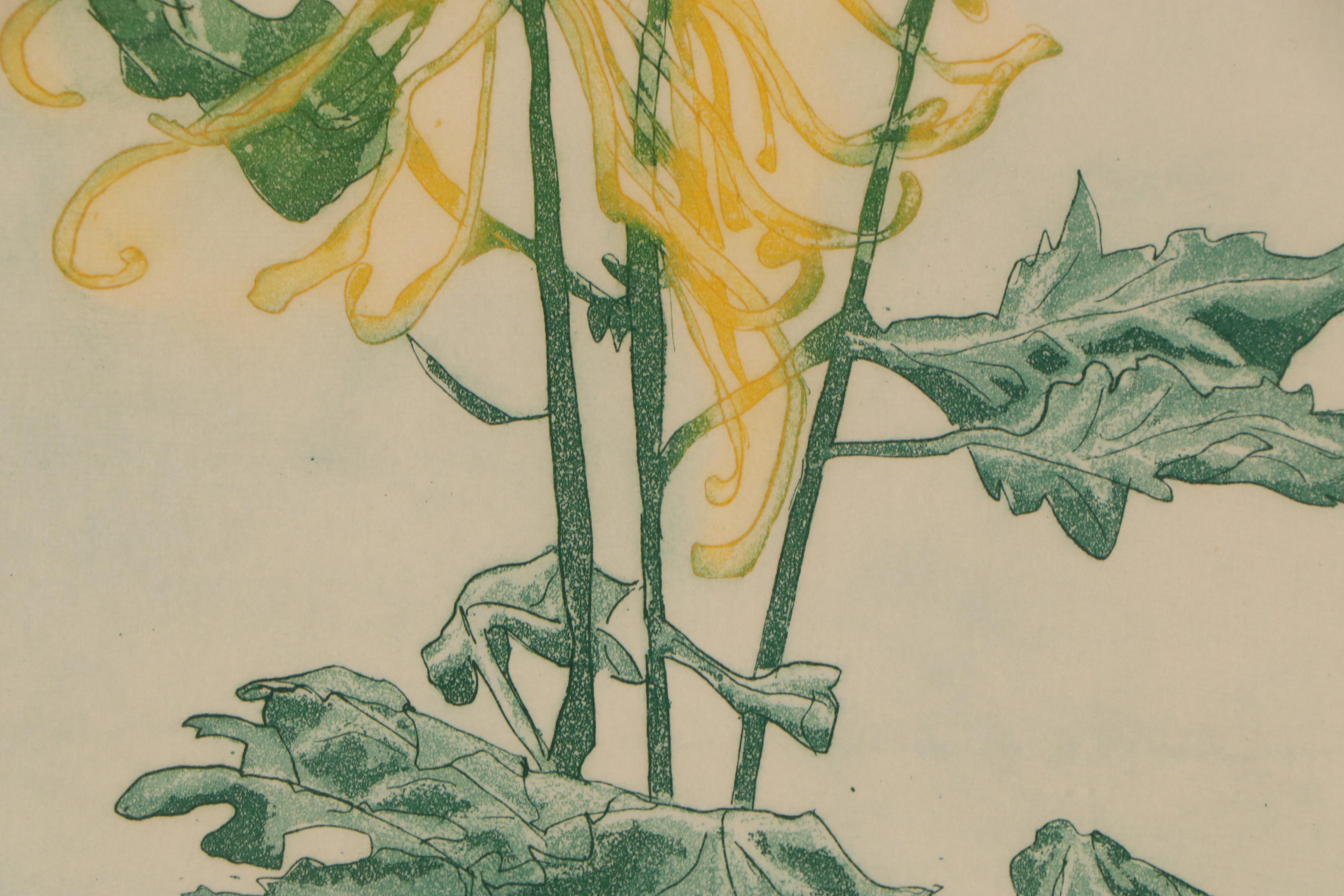 Elaine Burch Floral Etchings "Tiger Lilies" and "Chrysanthemums"