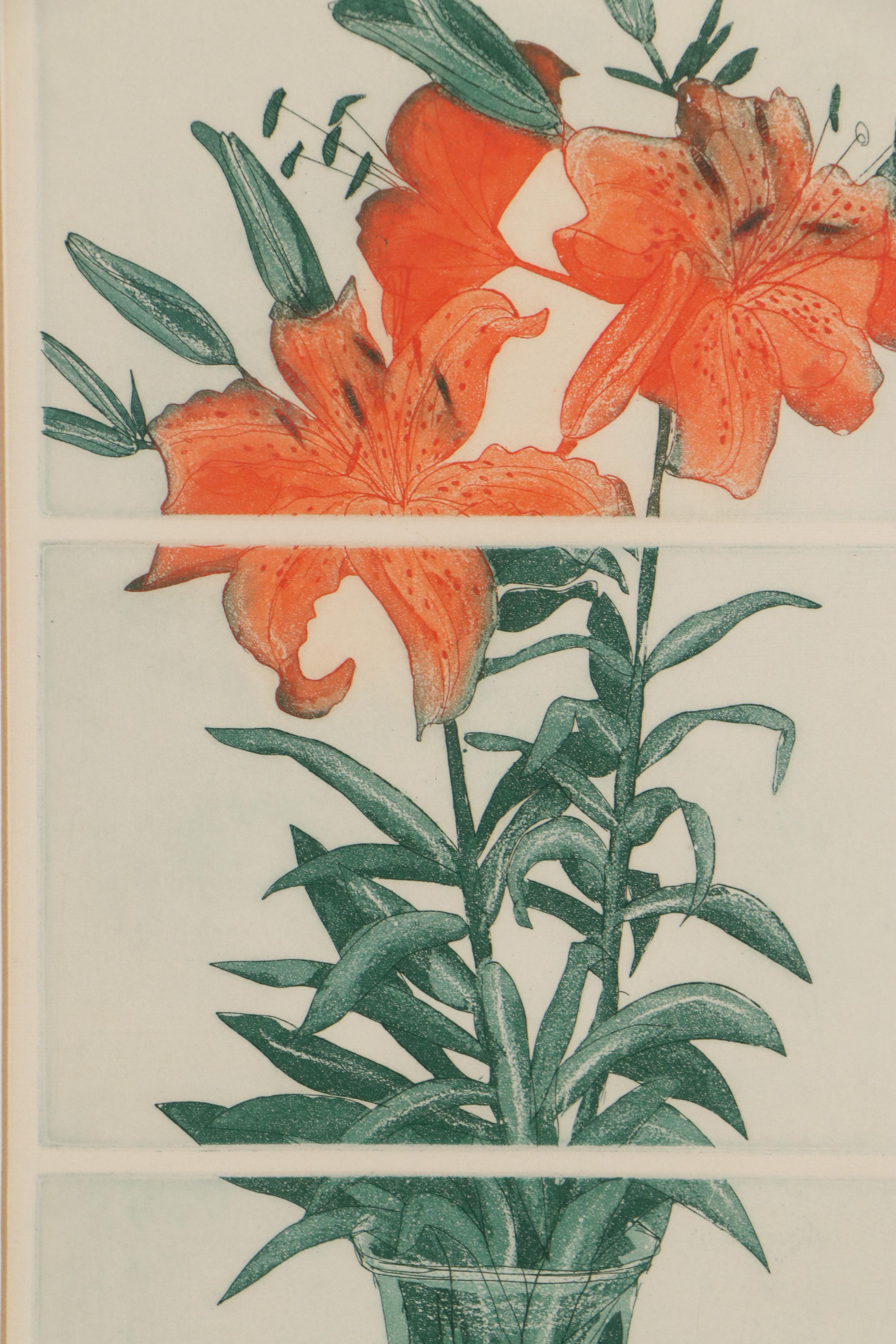 Elaine Burch Floral Etchings "Tiger Lilies" and "Chrysanthemums"