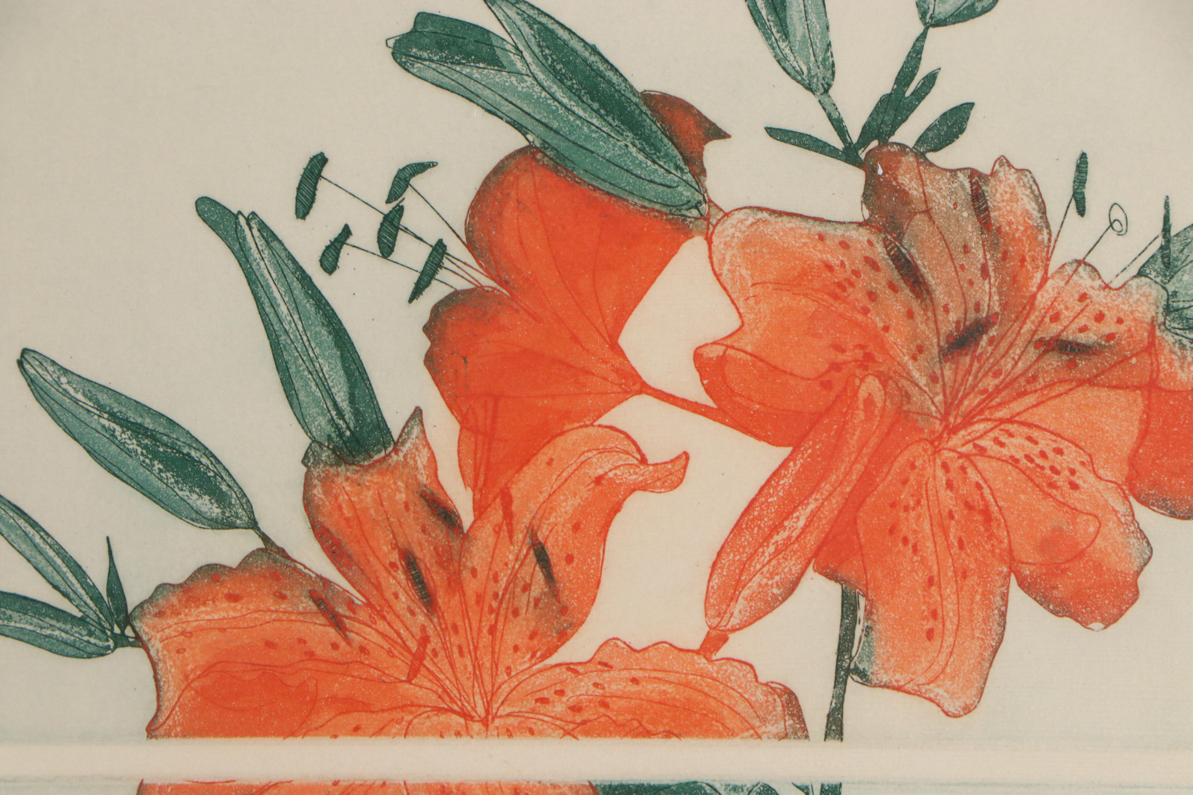 Elaine Burch Floral Etchings "Tiger Lilies" and "Chrysanthemums"