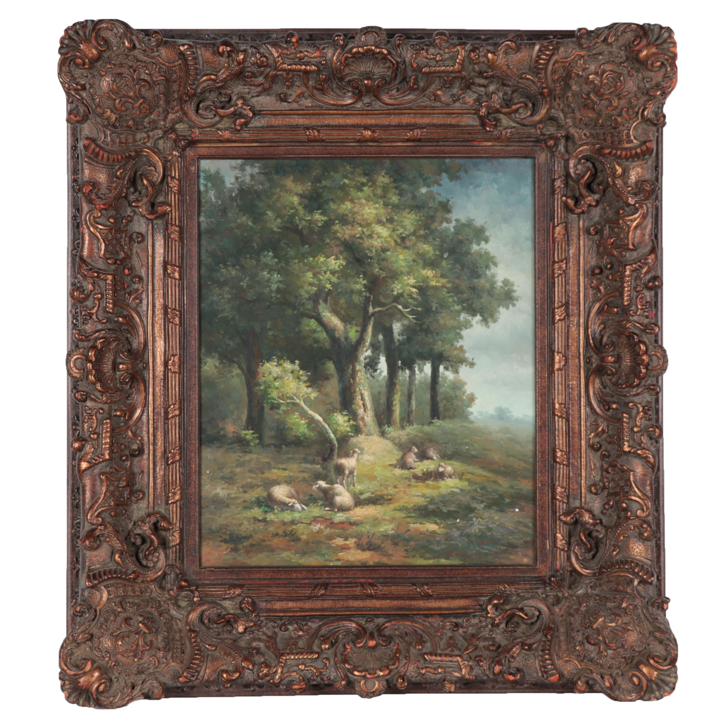 Pastoral Landscape Oil Painting in French Baroque Style Frame, Circa 2000