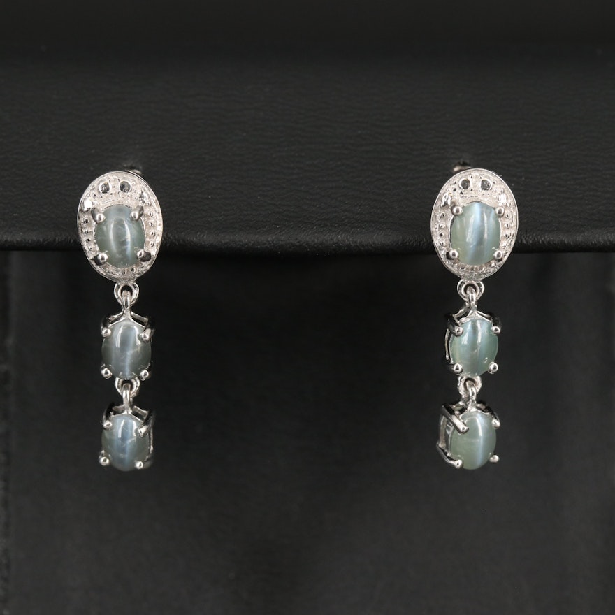 Sterling Cat's Eye Alexandrite Halo Drop Earrings