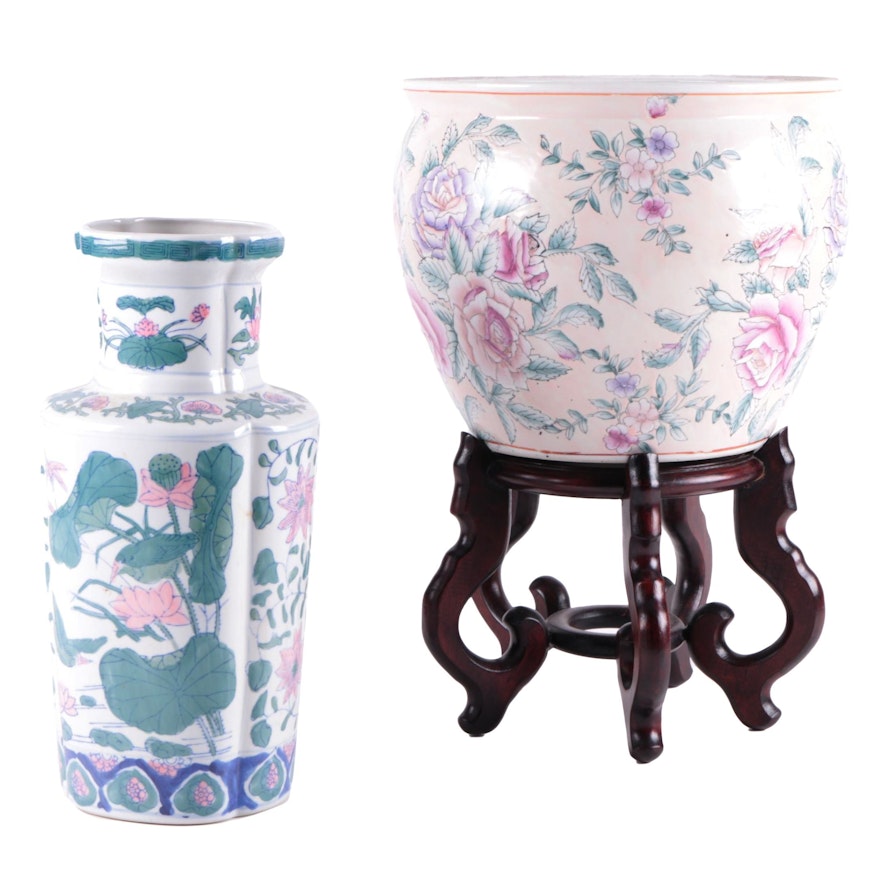 East Asian Style Porcelain Lotus Baluster Vase and Rose Motif Fish Bowl Planter