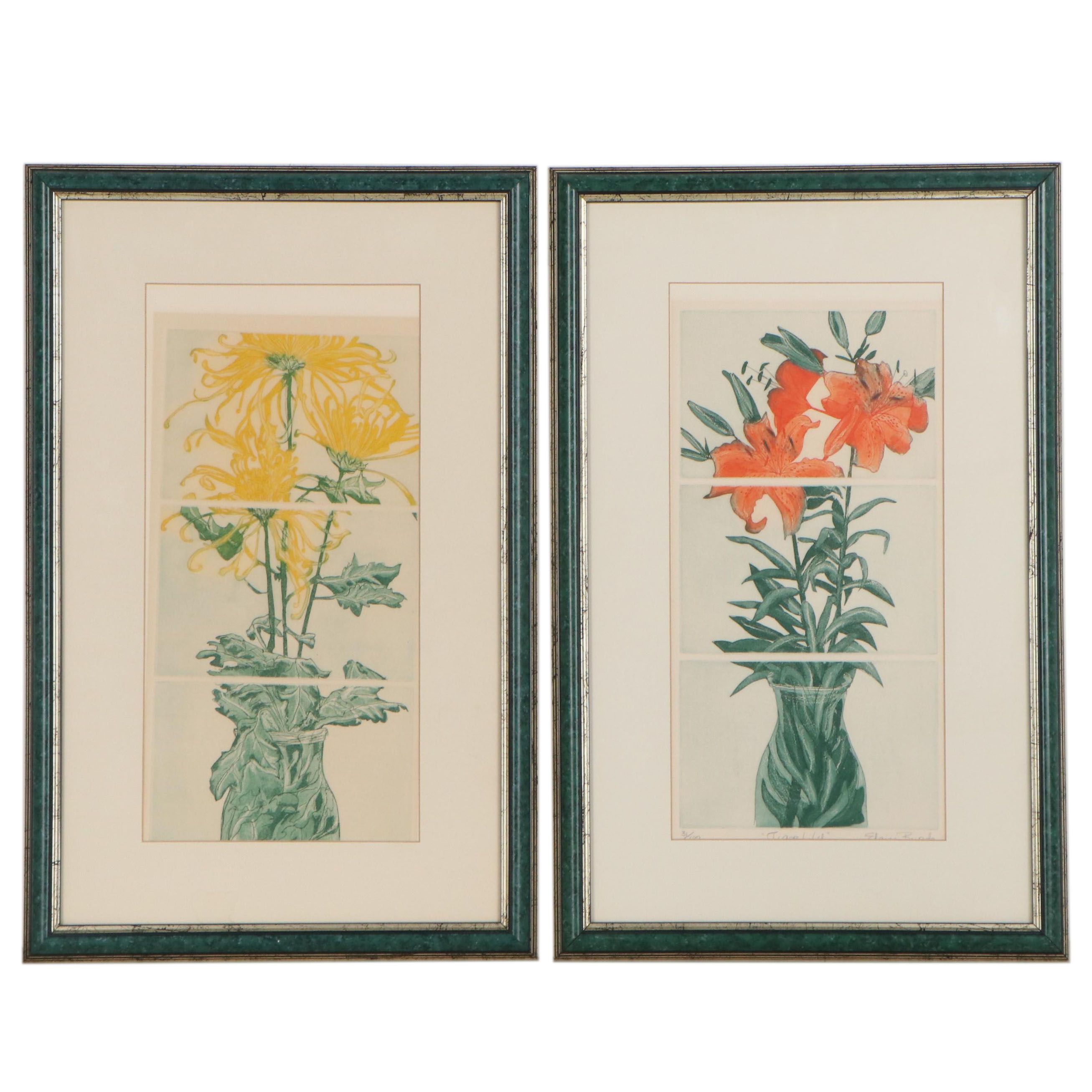 Elaine Burch Floral Etchings "Tiger Lilies" and "Chrysanthemums"
