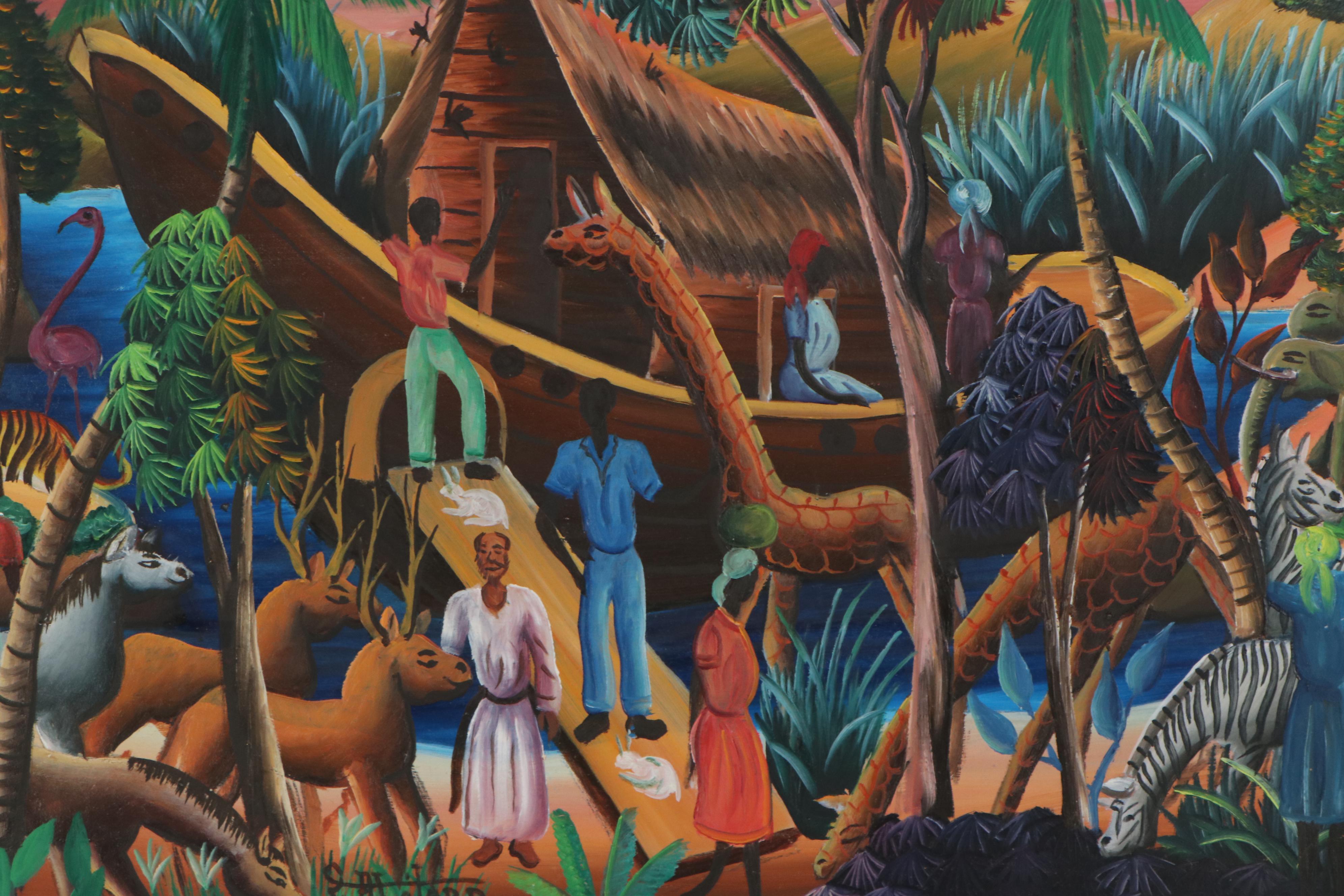 Gesner Abelard Haitian Folk Art Oil Painting of Noah's Ark