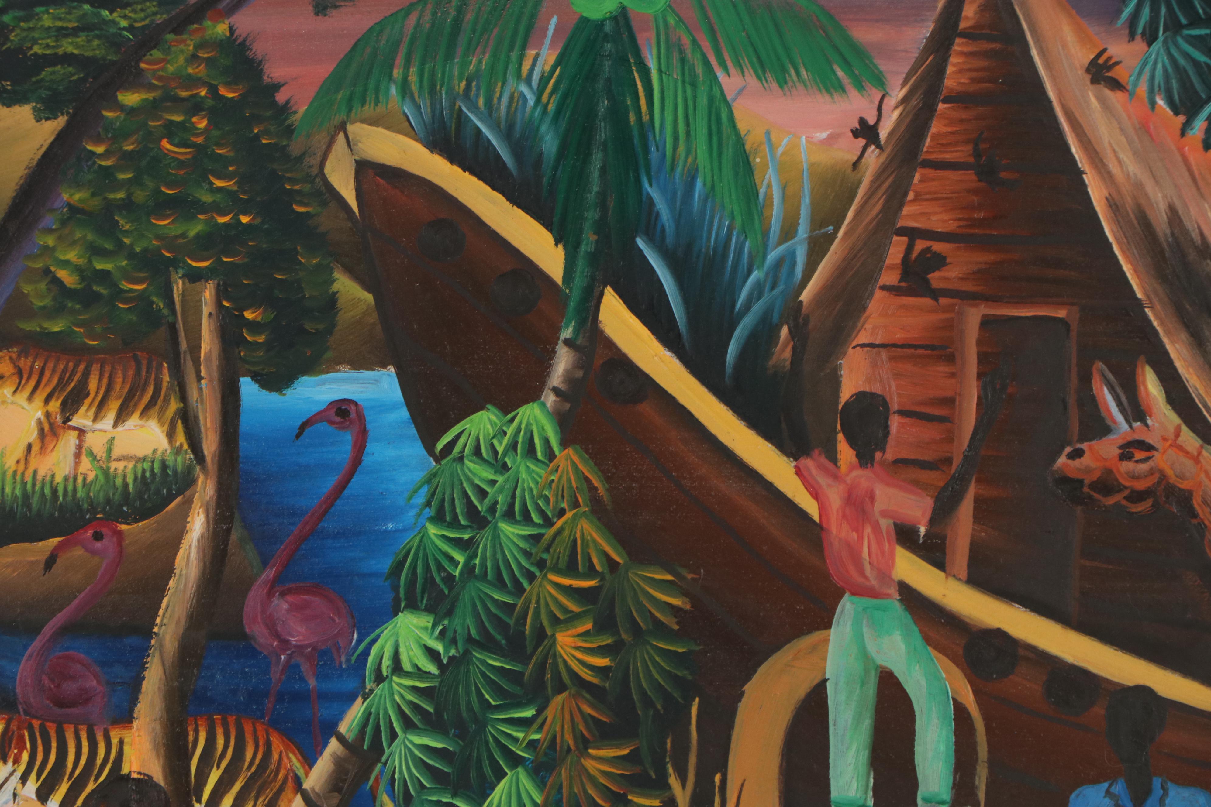 Gesner Abelard Haitian Folk Art Oil Painting of Noah's Ark