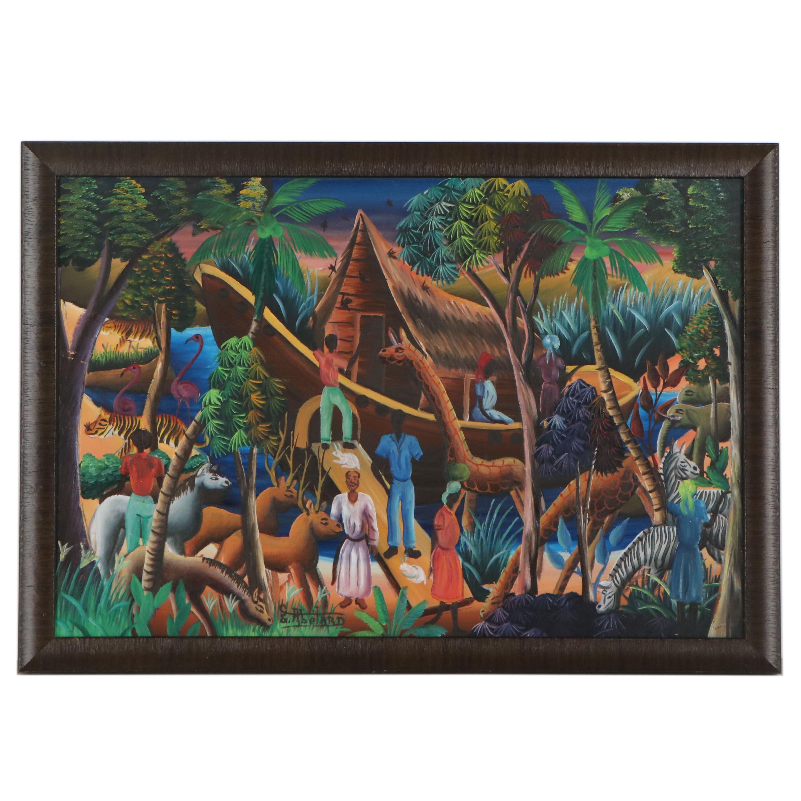 Gesner Abelard Haitian Folk Art Oil Painting of Noah's Ark