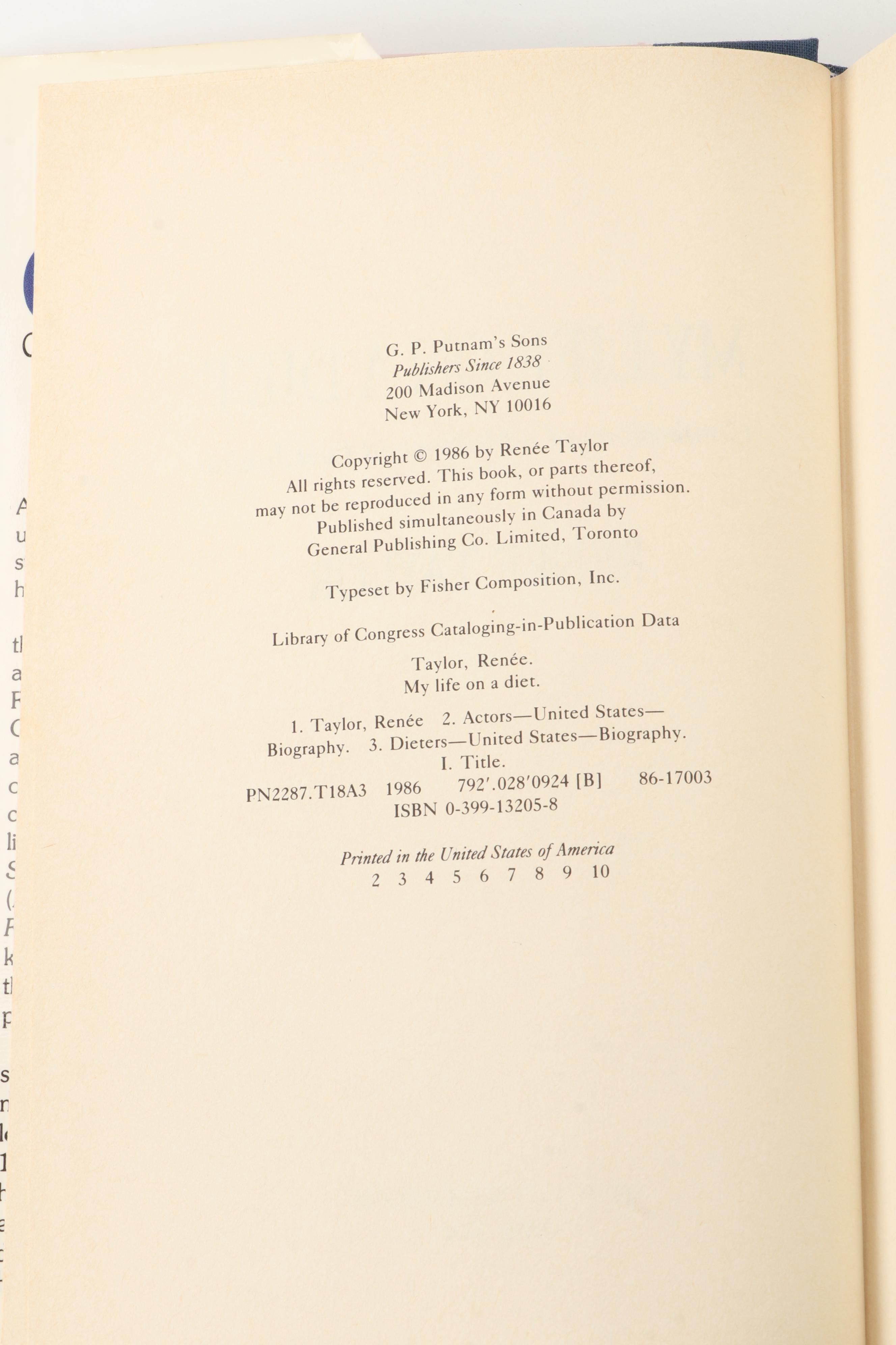 Signed Second Printing "My Life on a Diet" by Renée Taylor, 1986