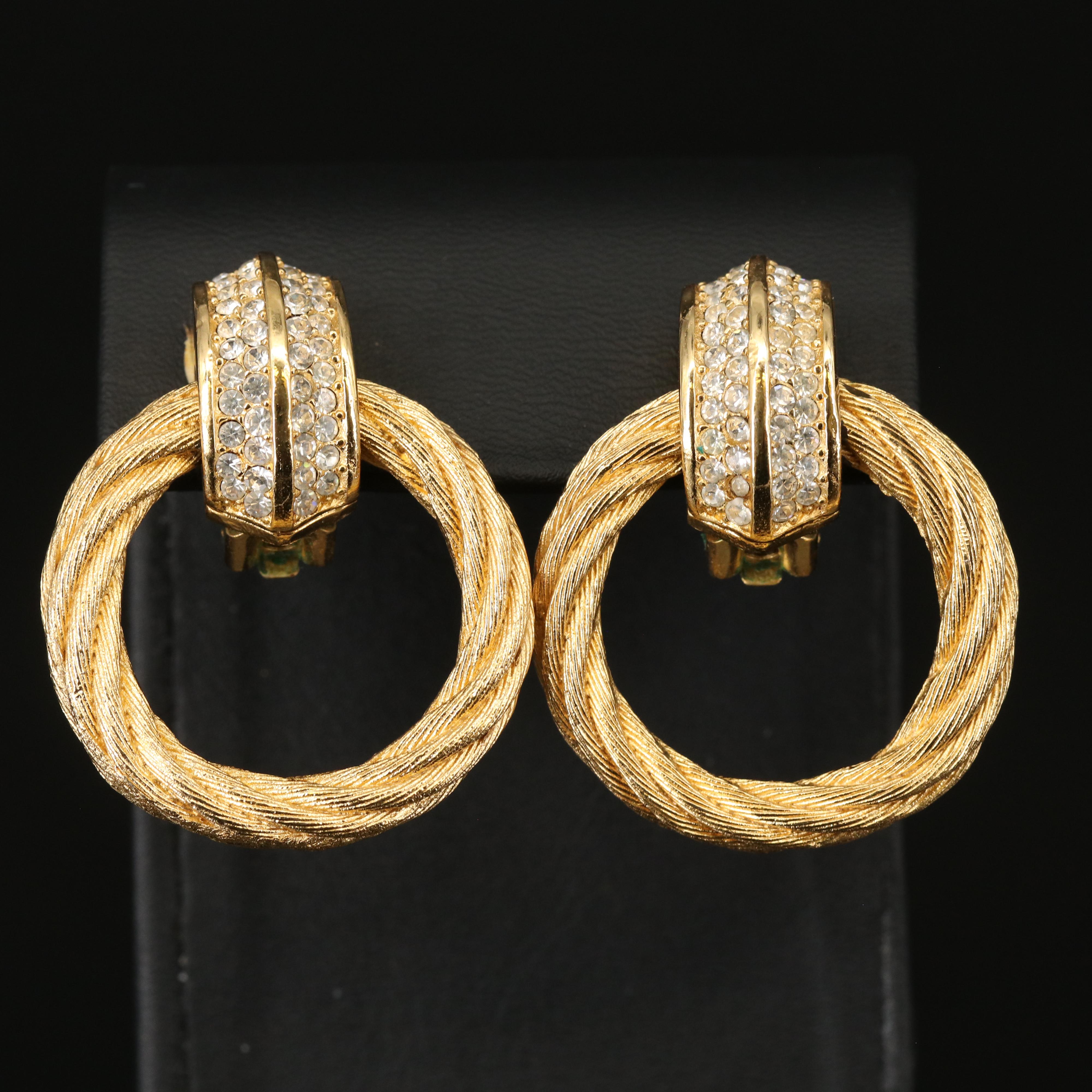 Vintage Christian Dior Rhinestone Braided Door Knocker Earrings