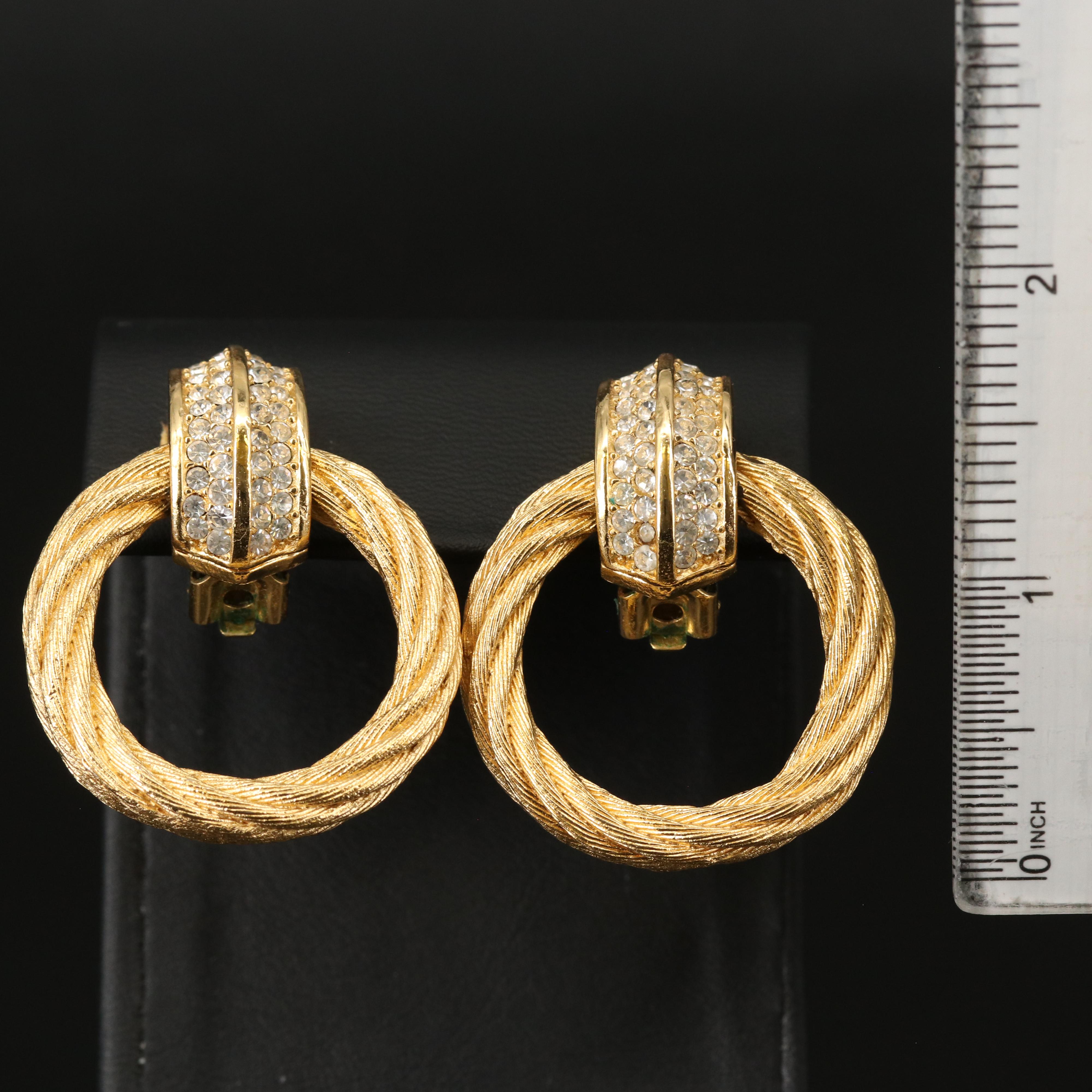Vintage Christian Dior Rhinestone Braided Door Knocker Earrings