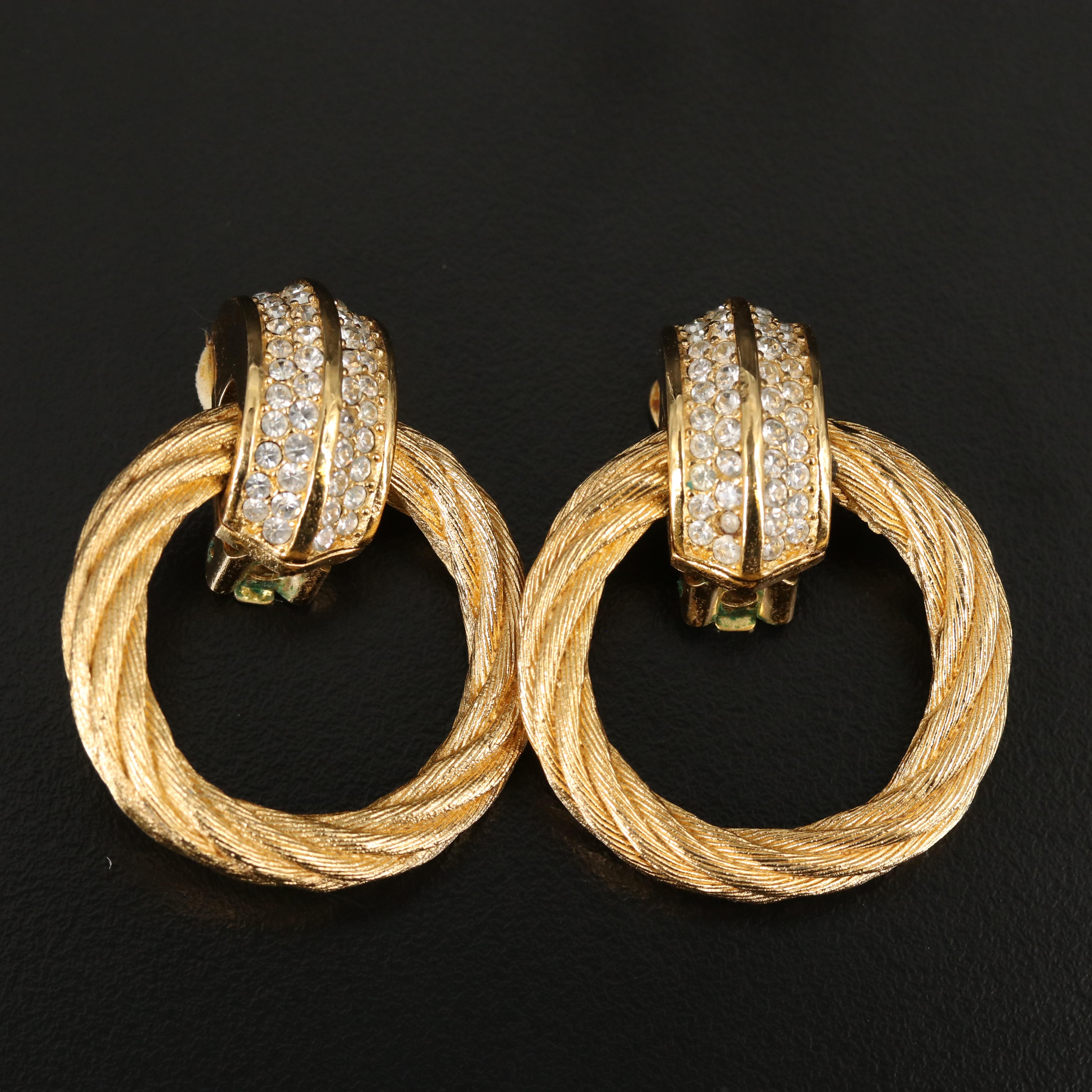 Vintage Christian Dior Rhinestone Braided Door Knocker Earrings