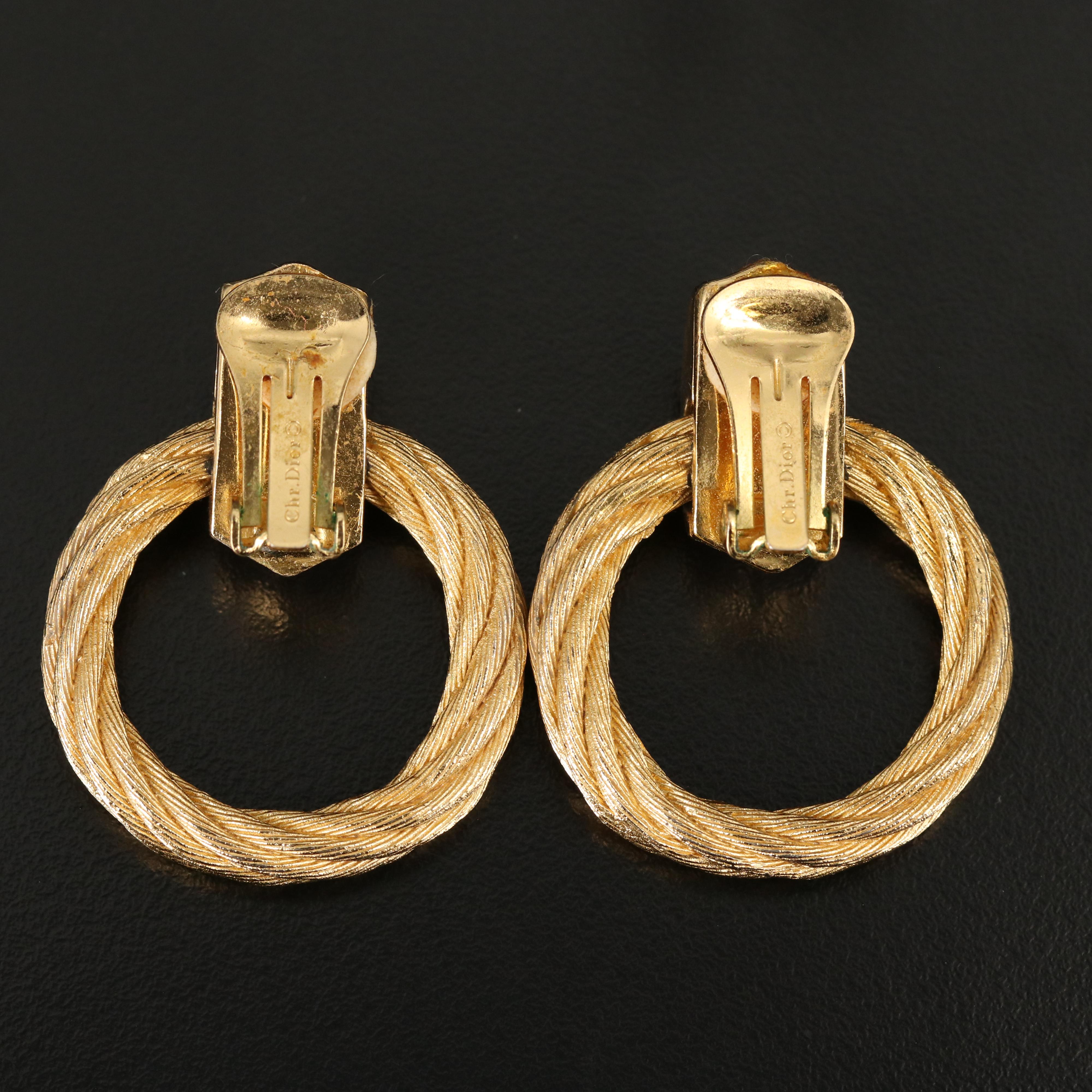Vintage Christian Dior Rhinestone Braided Door Knocker Earrings