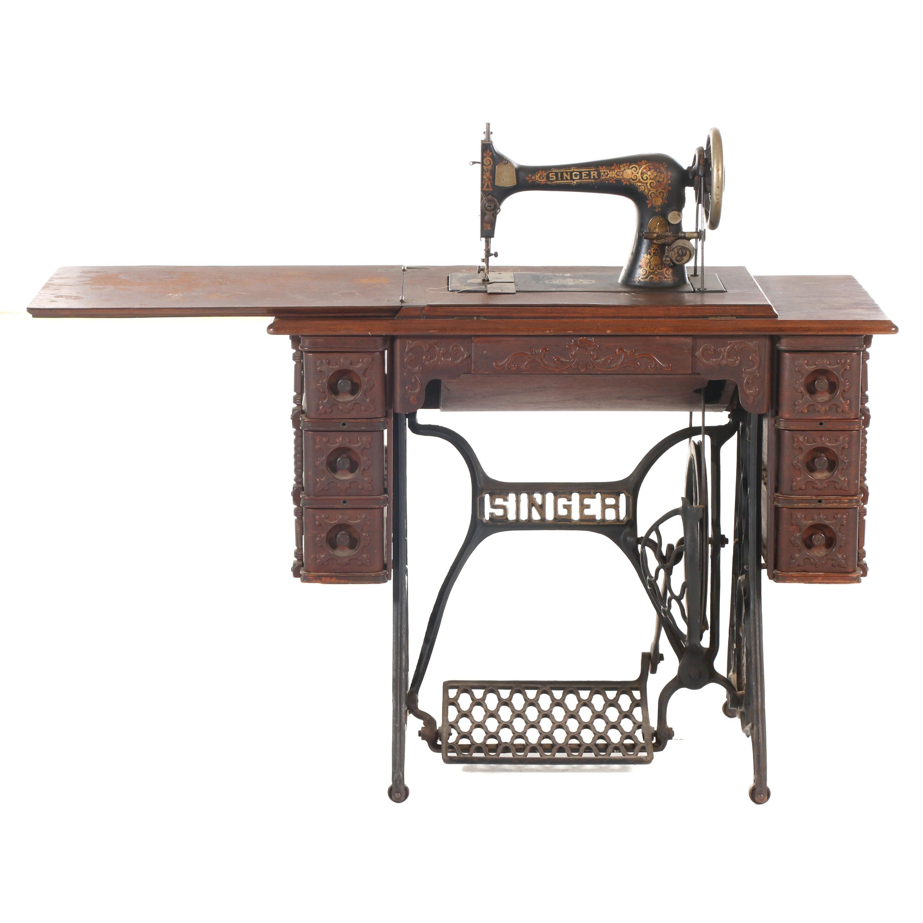 Singer Treadle Sewing Machine on Oak Cabinet, Early 20th Century