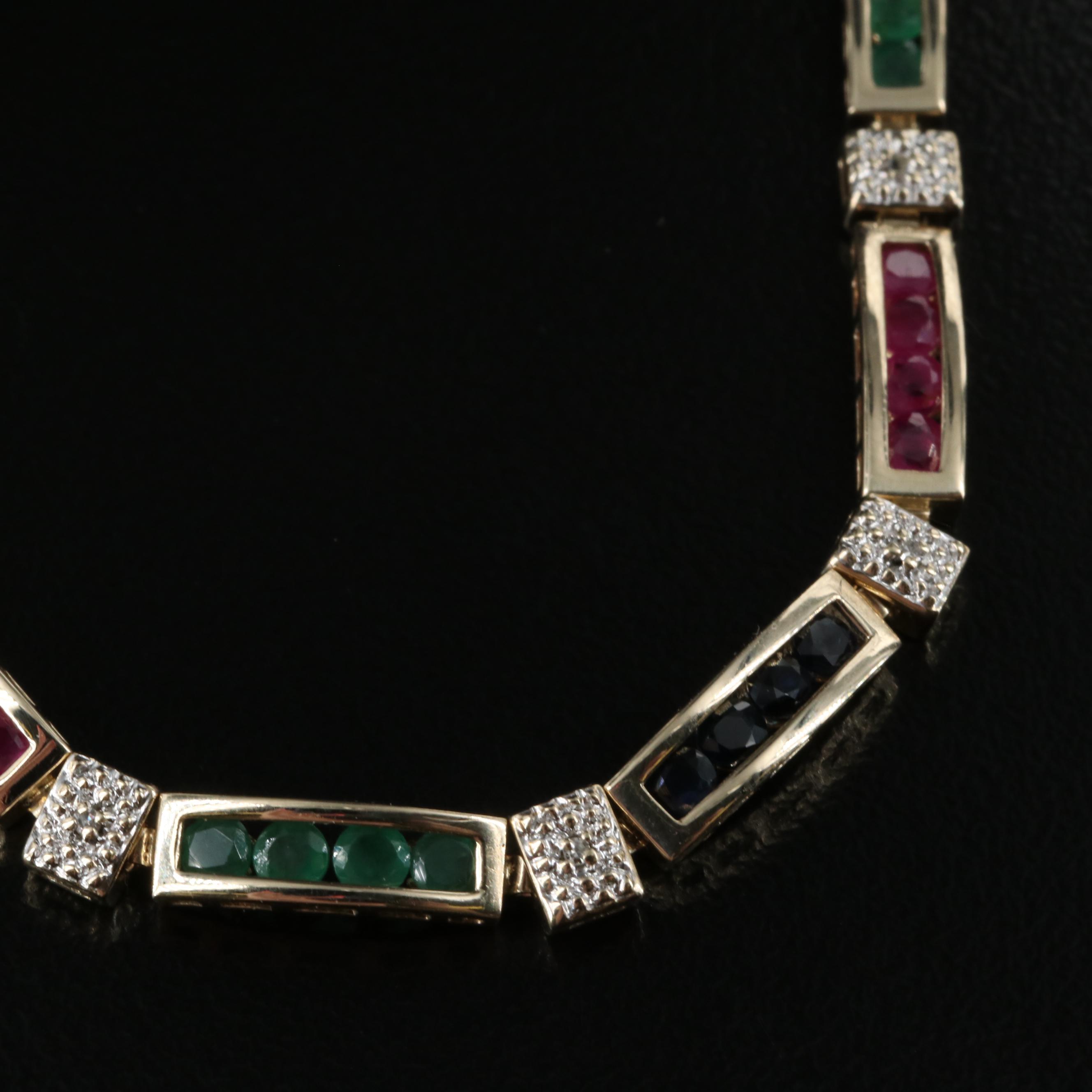 10K Diamond and Gemstone Bar Link Bracelet