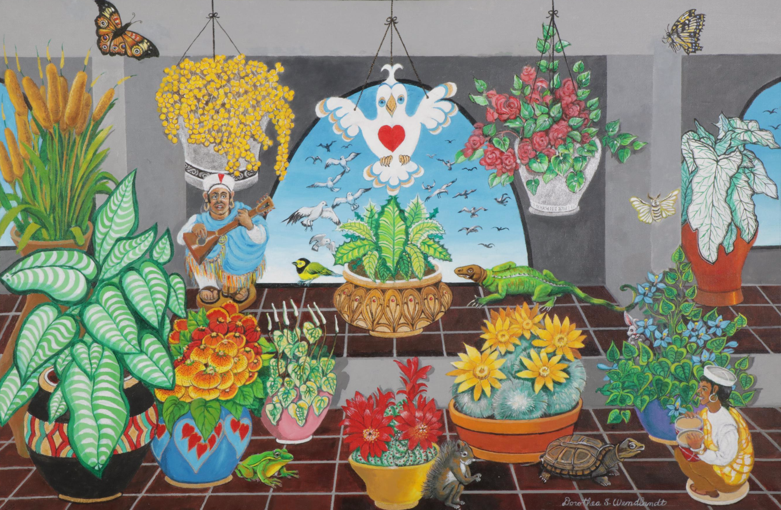 Dorothea S. Wendlandt Surreal Oil Painting With Cacti and Figurines