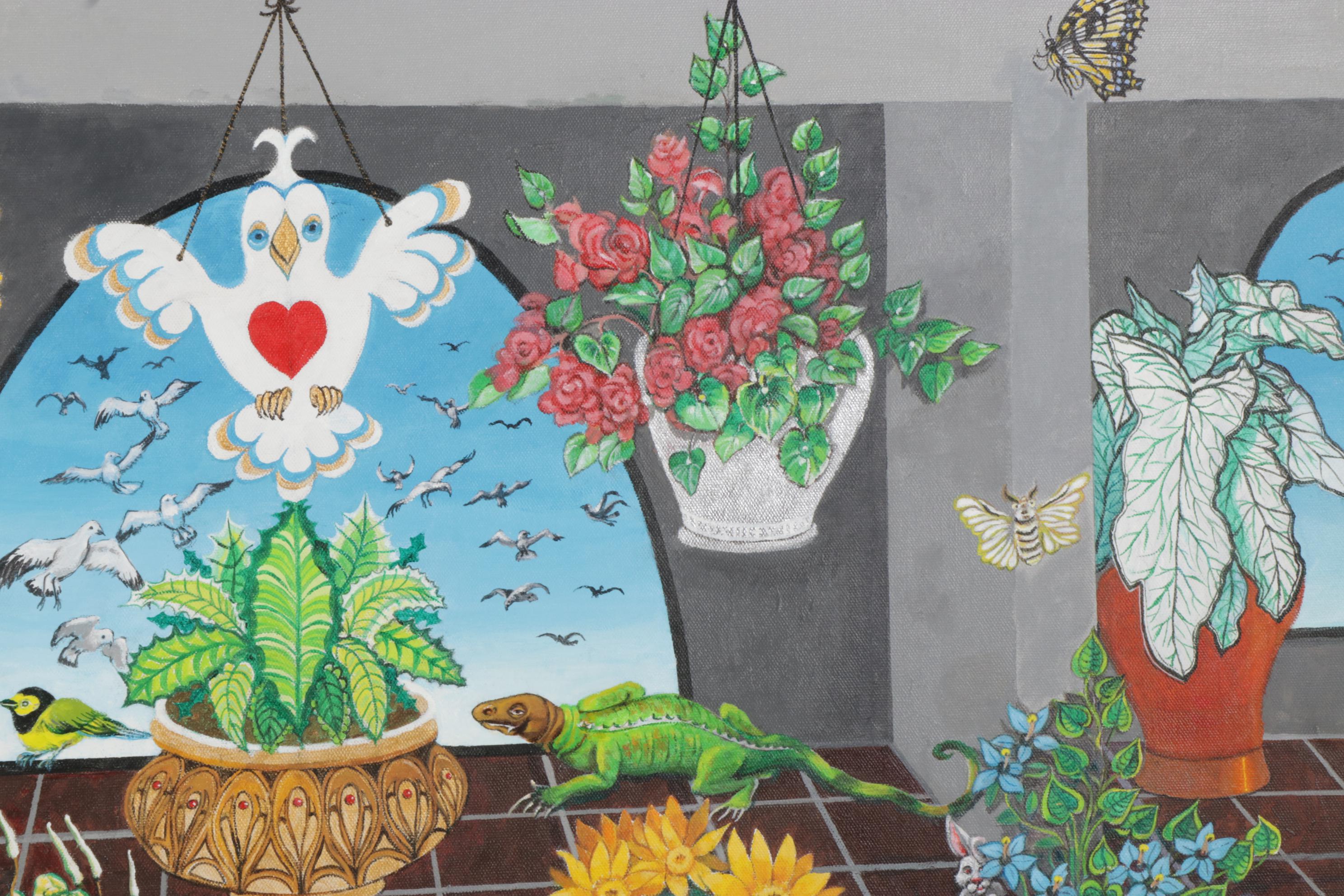 Dorothea S. Wendlandt Surreal Oil Painting With Cacti and Figurines