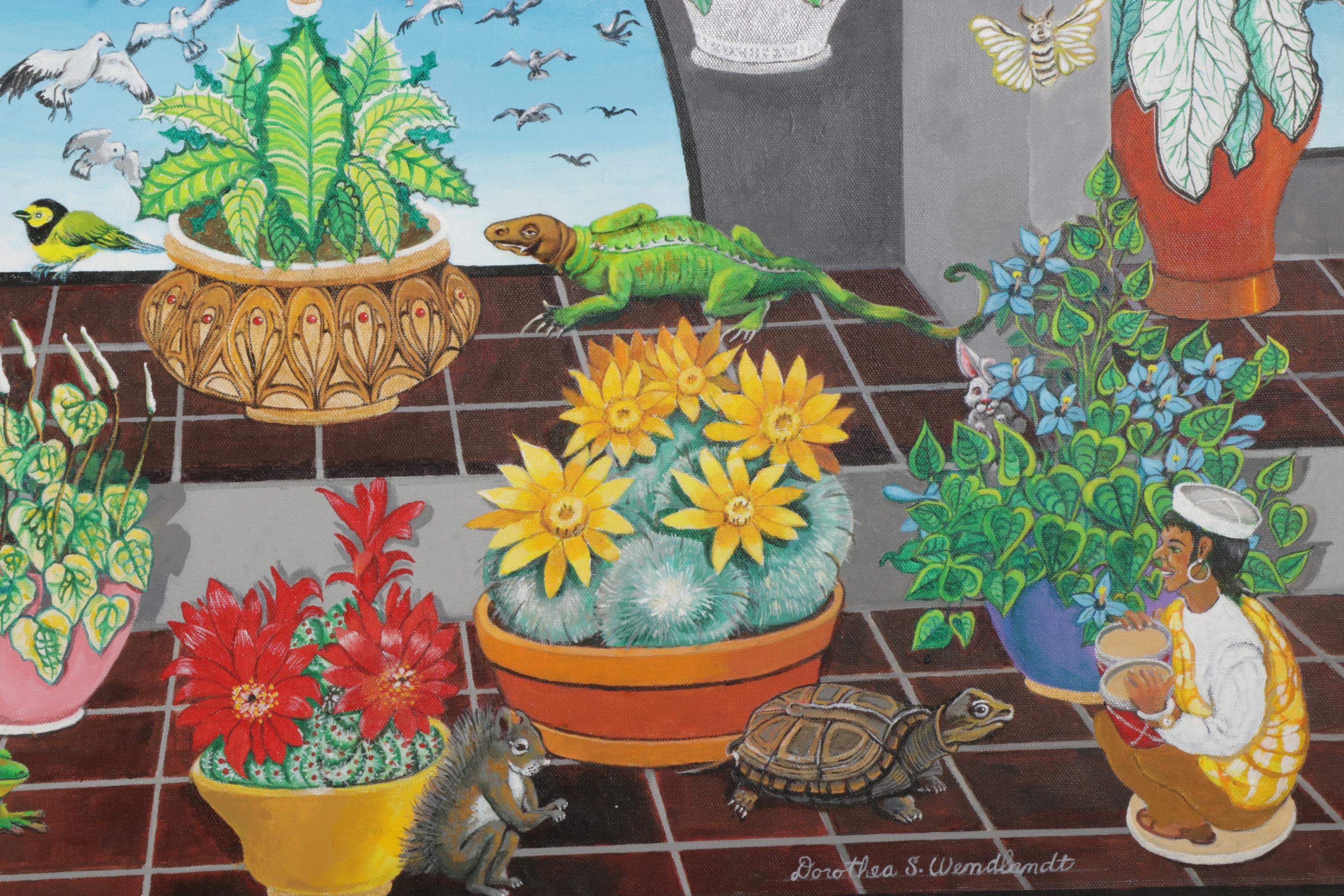 Dorothea S. Wendlandt Surreal Oil Painting With Cacti and Figurines