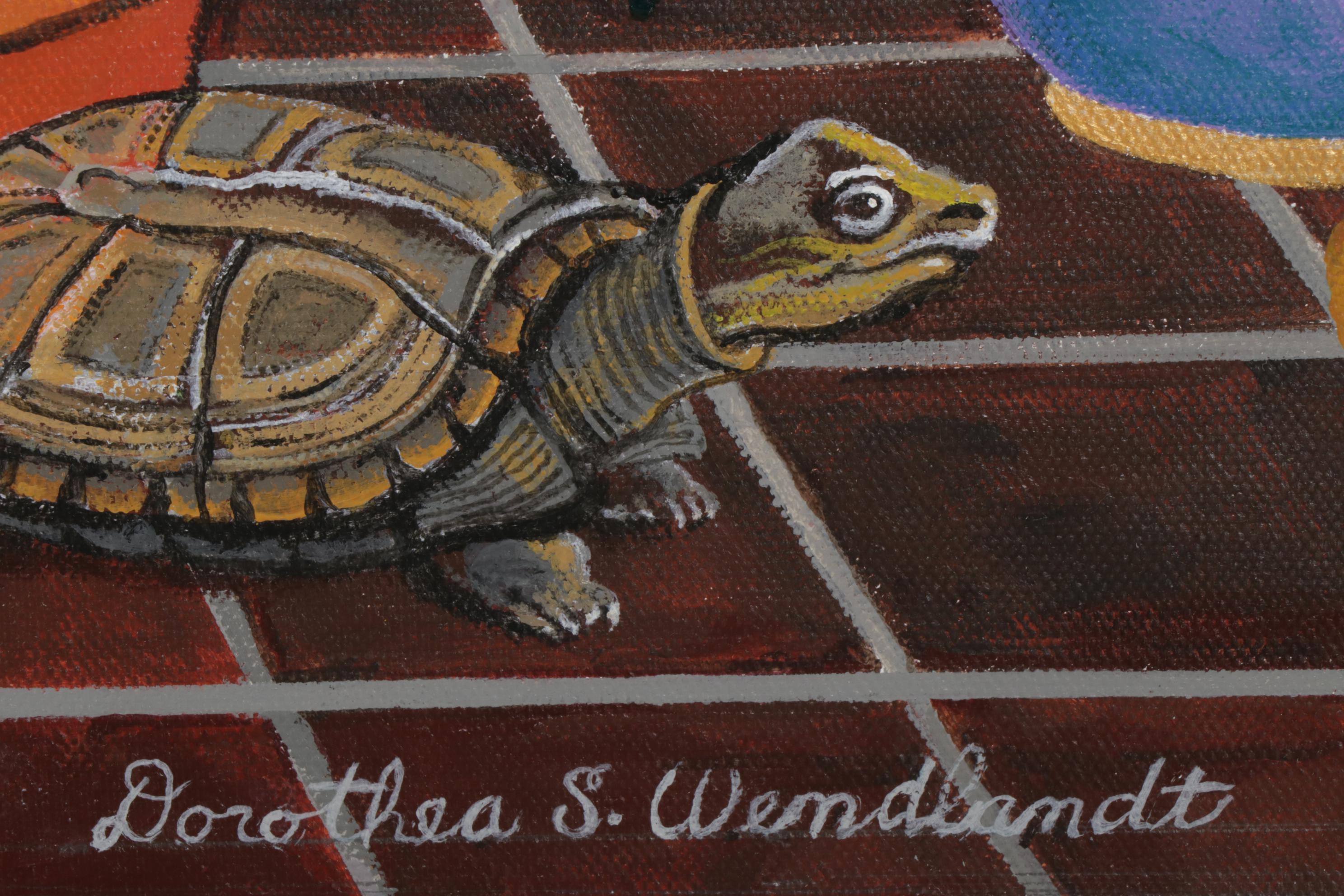 Dorothea S. Wendlandt Surreal Oil Painting With Cacti and Figurines