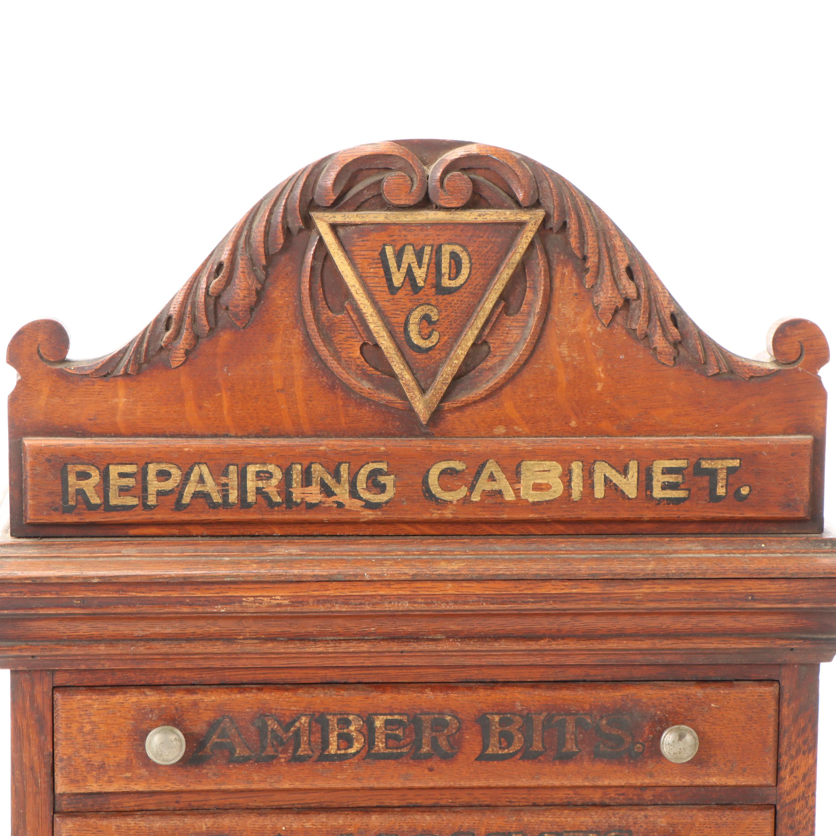 William Demeuth Co Oak Tobacco Pipe Tool and Repair Cabinet, Late 19th Century