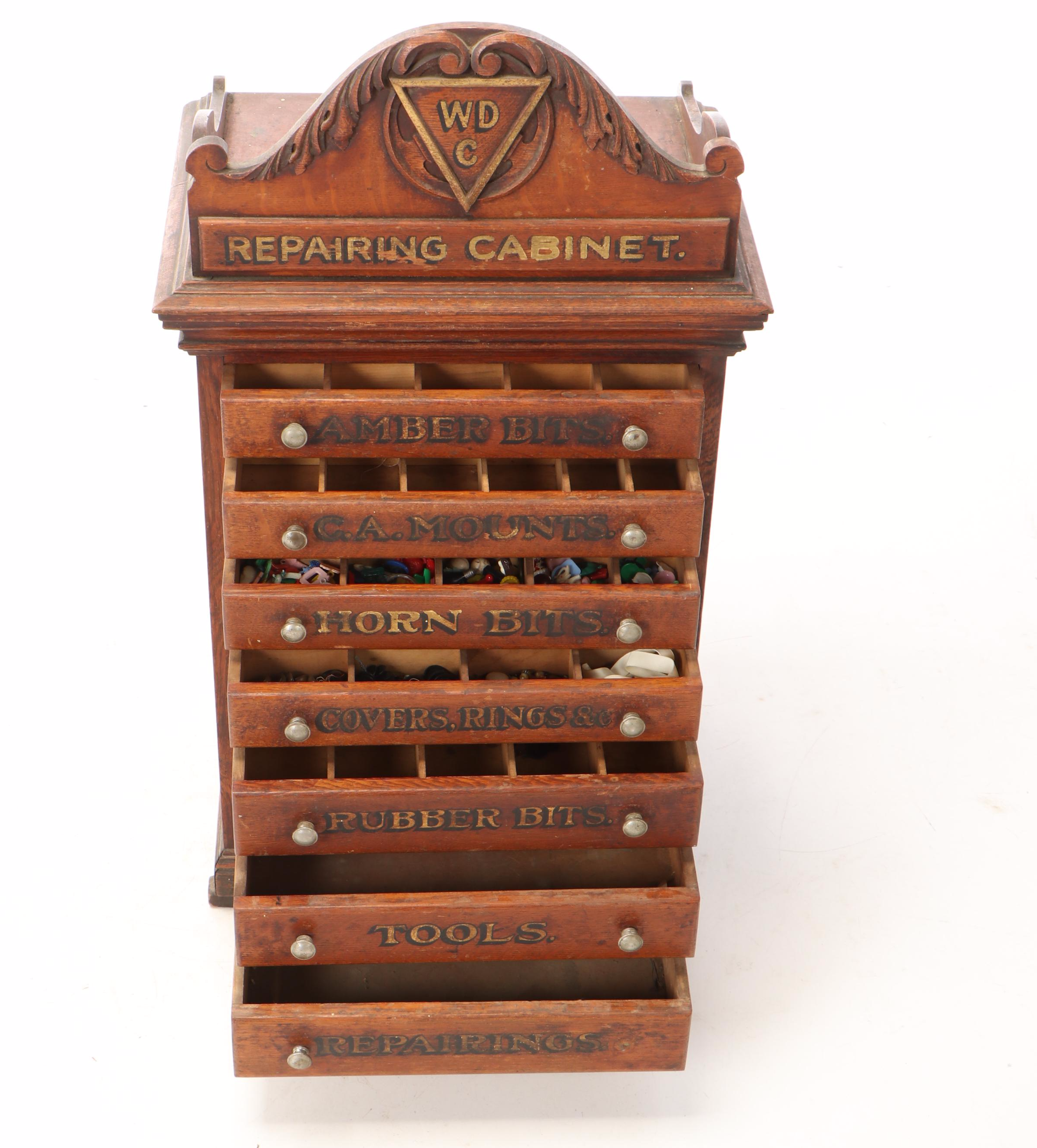 William Demeuth Co Oak Tobacco Pipe Tool and Repair Cabinet, Late 19th Century