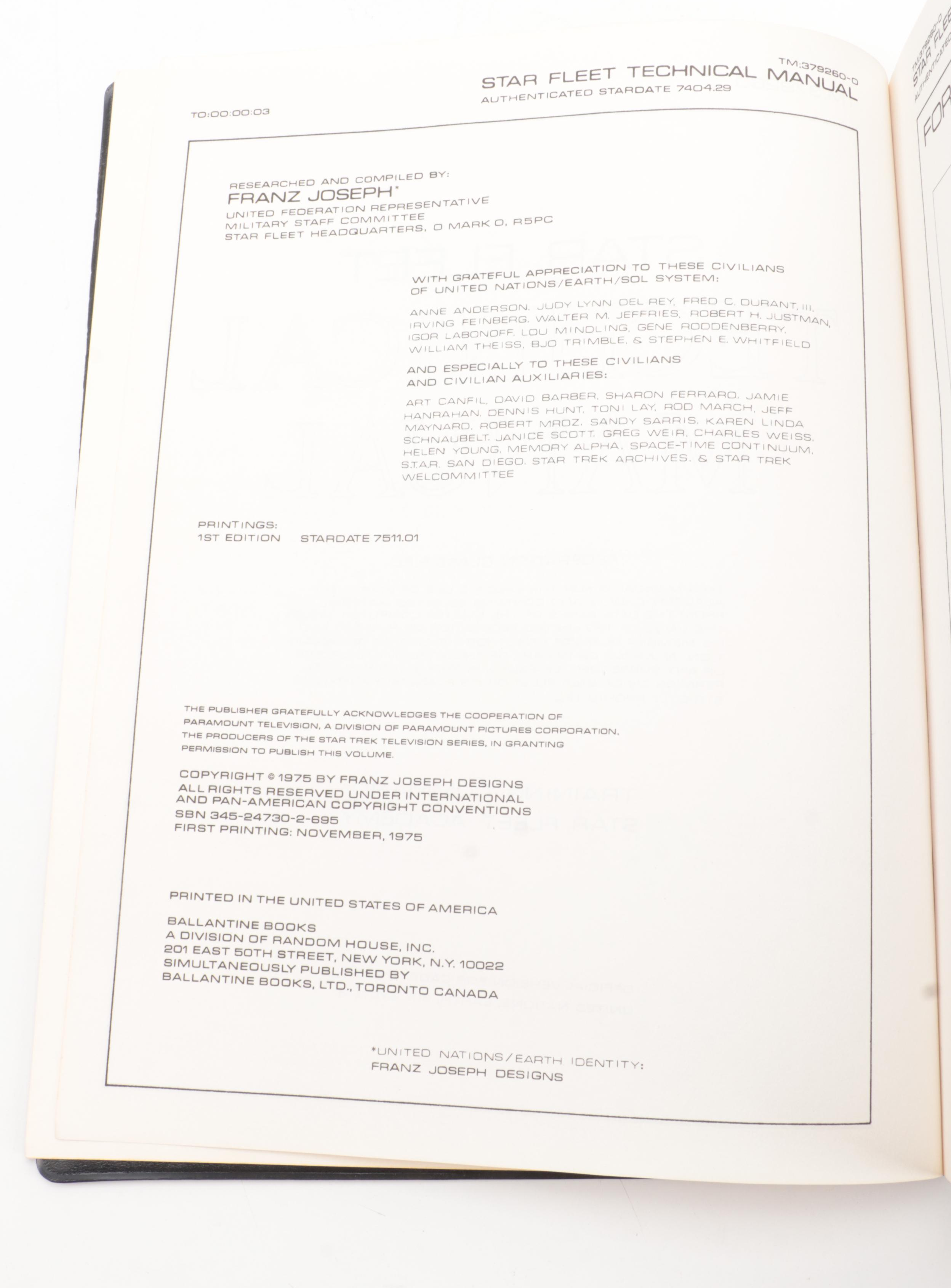 First Printing "Star Fleet Technical Manual" by Franz Joseph, 1975
