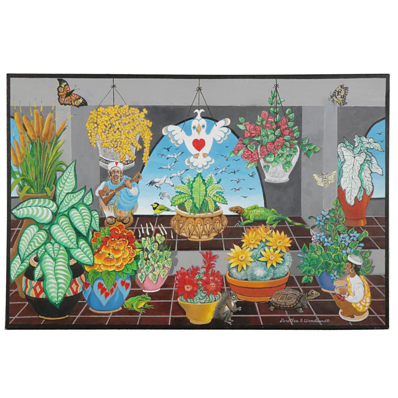 Dorothea S. Wendlandt Surreal Oil Painting With Cacti and Figurines