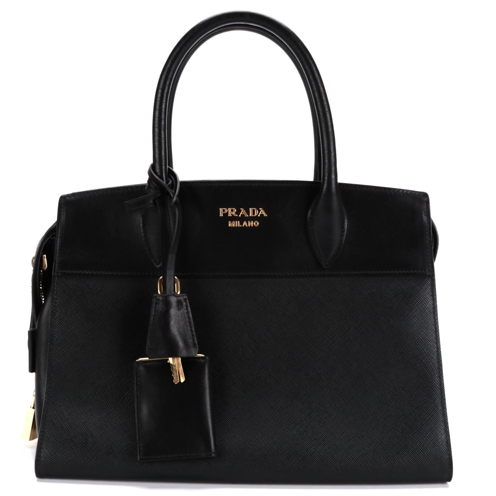 Prada Black Saffiano and Smooth Leather Top Handle Bag