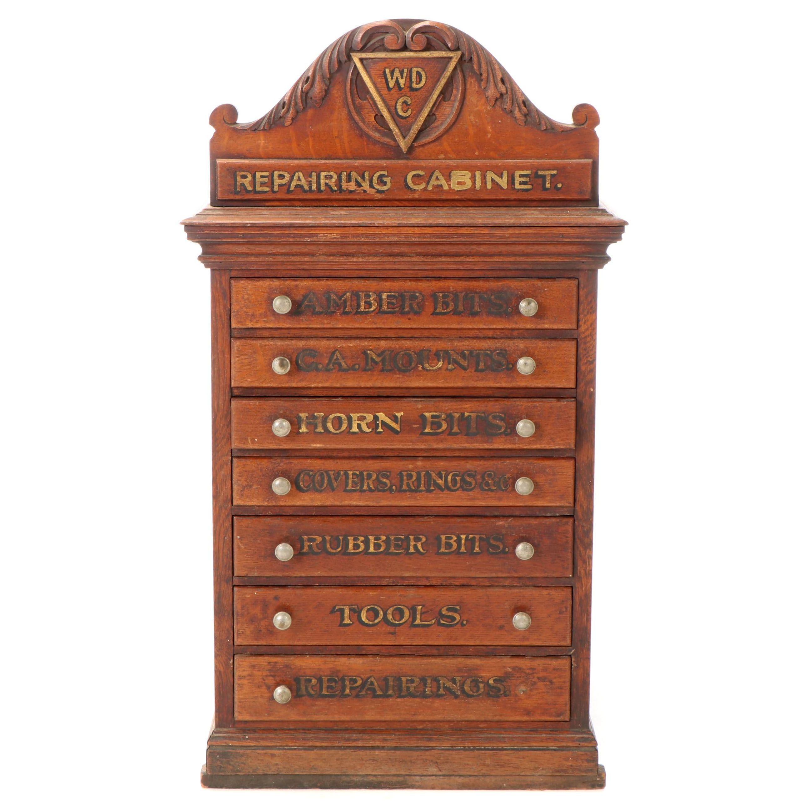 William Demeuth Co Oak Tobacco Pipe Tool and Repair Cabinet, Late 19th Century