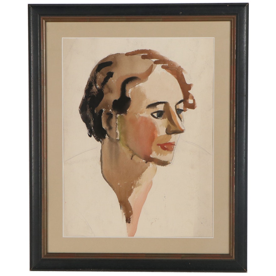 Watercolor Portrait Painting, Late 20th Century
