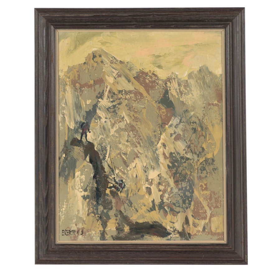 Martin Engström Abstract Oil Painting of Fighters on Cliff, Late 20th Century