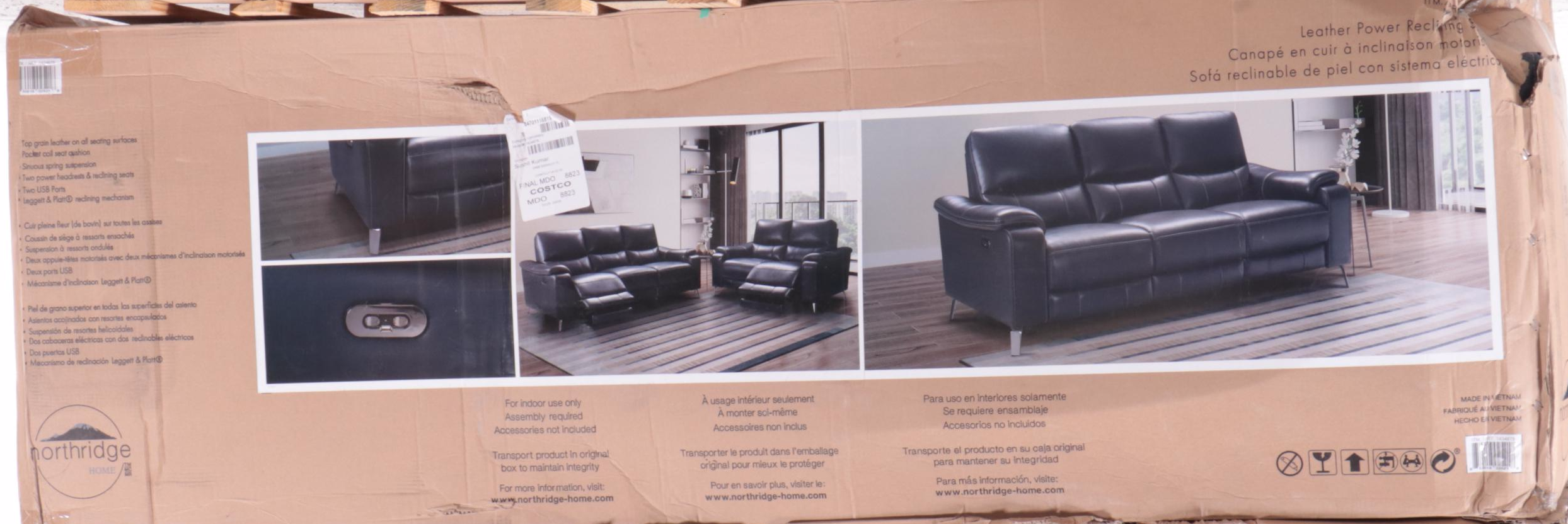 Northridge Home "Aleena" Reclining Blue Leather Sofa with Power Headrest