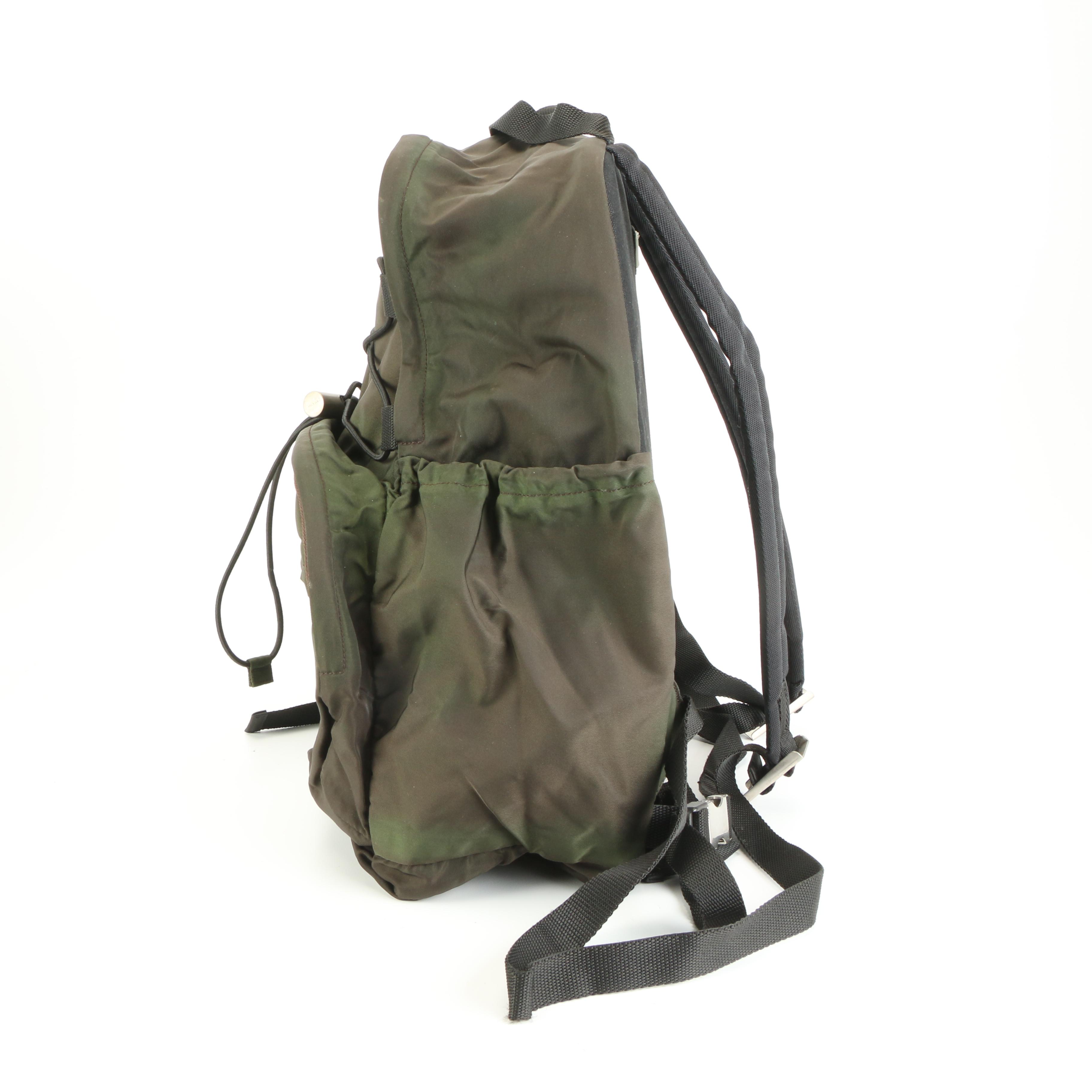 Prada Tessuto Nylon Drawstring Backpack in Green with Side Pockets