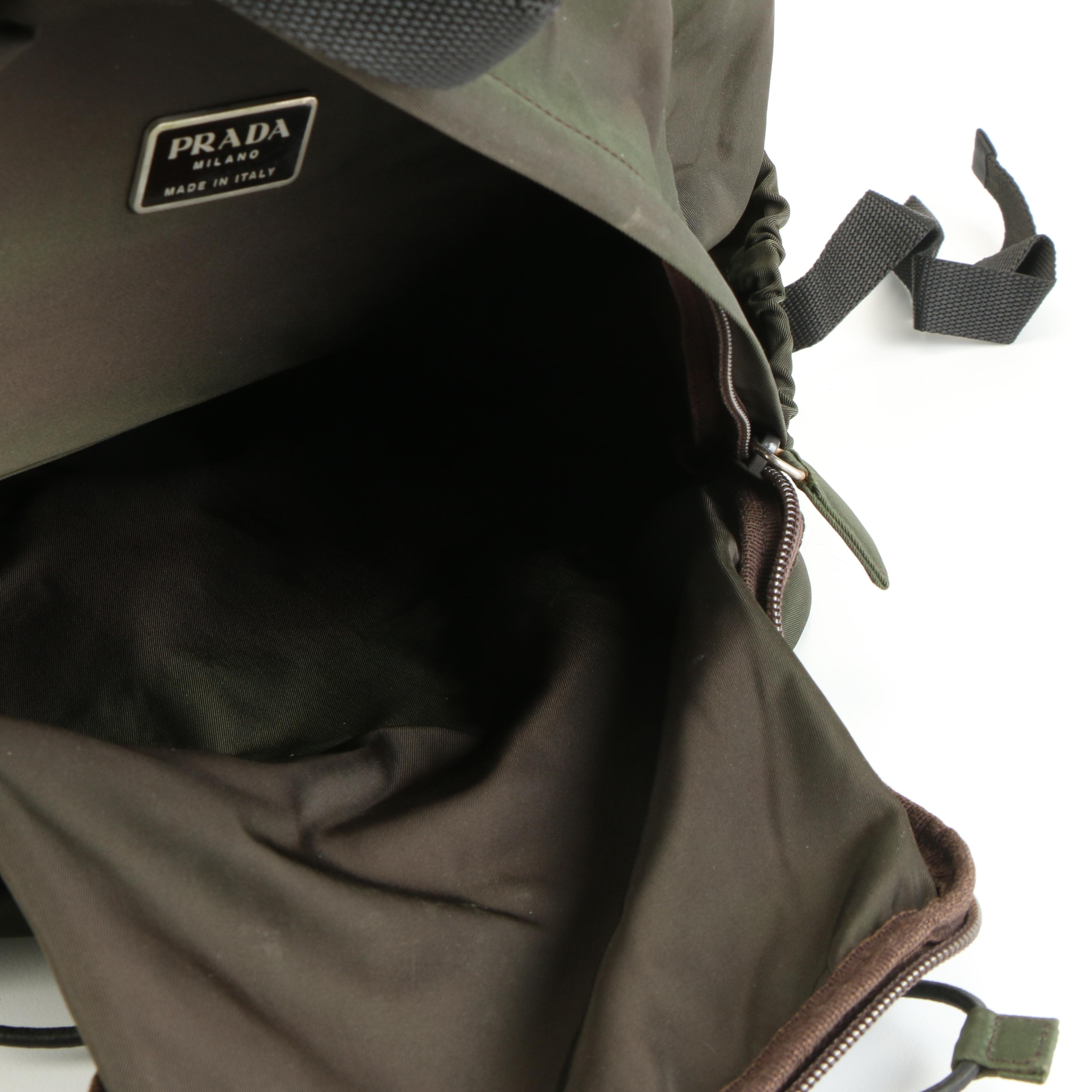 Prada Tessuto Nylon Drawstring Backpack in Green with Side Pockets