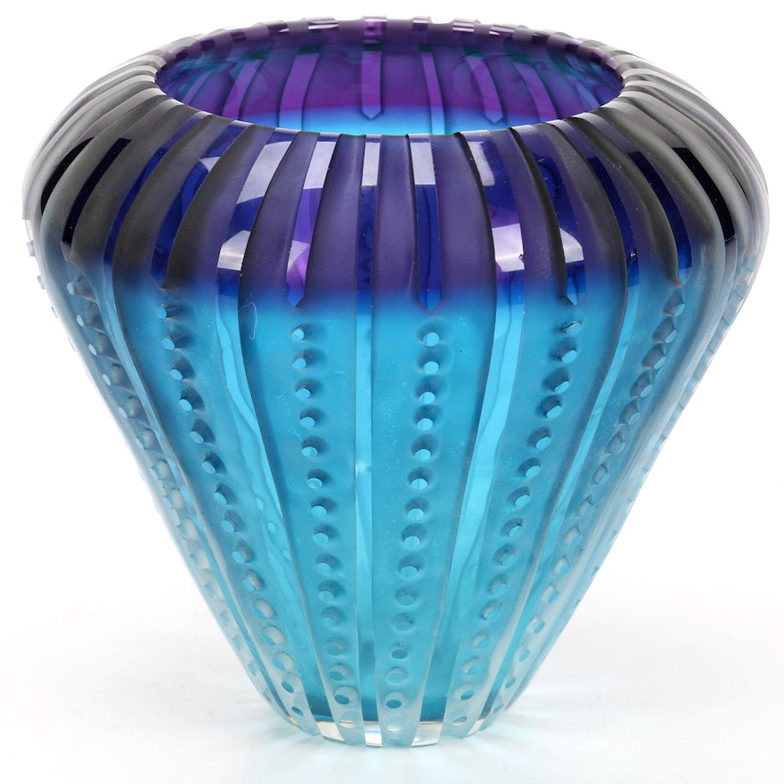 Blue Ombre Carved Art Glass Vase