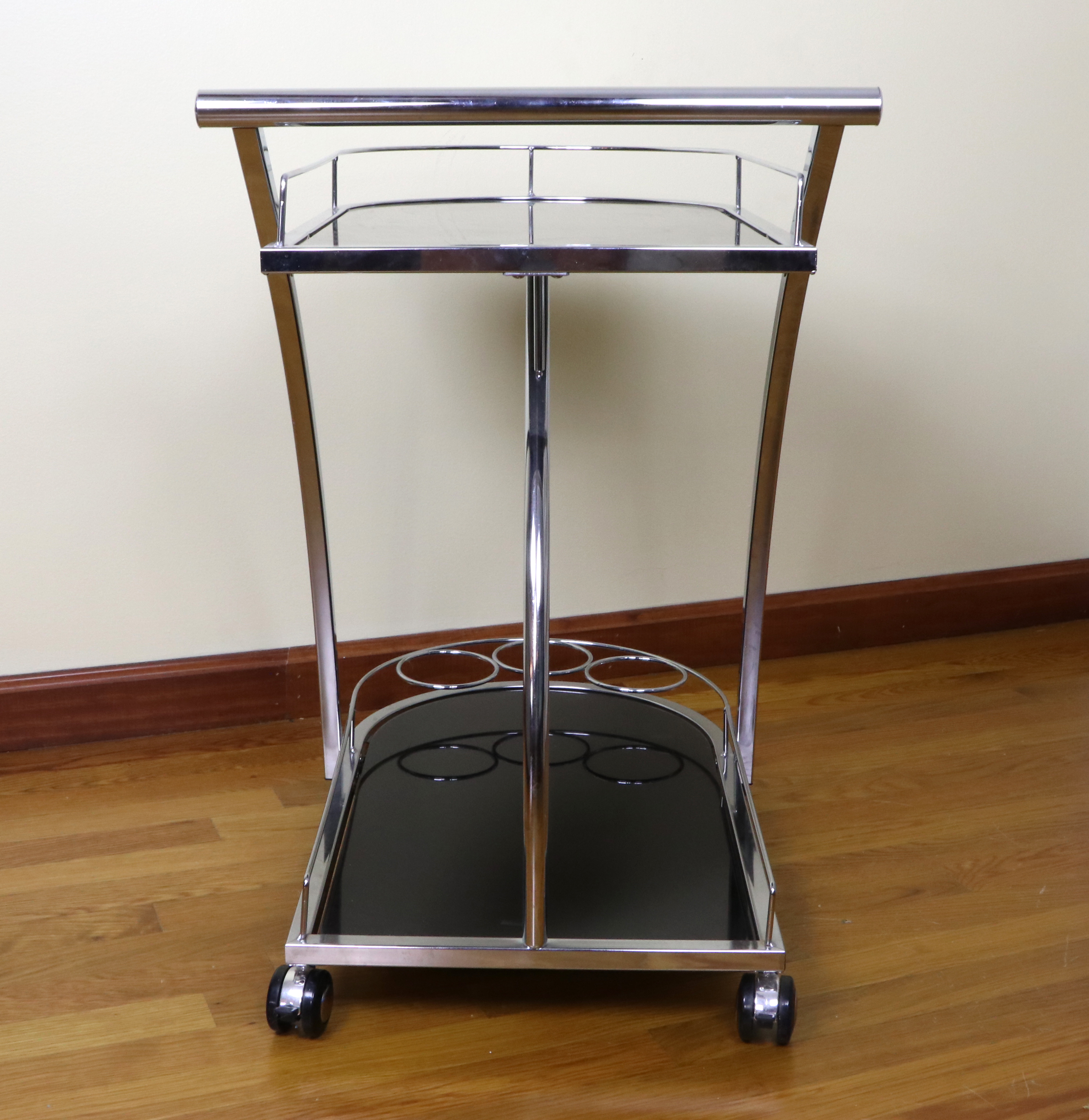 Chrome and Black Glass Rolling Bar Cart