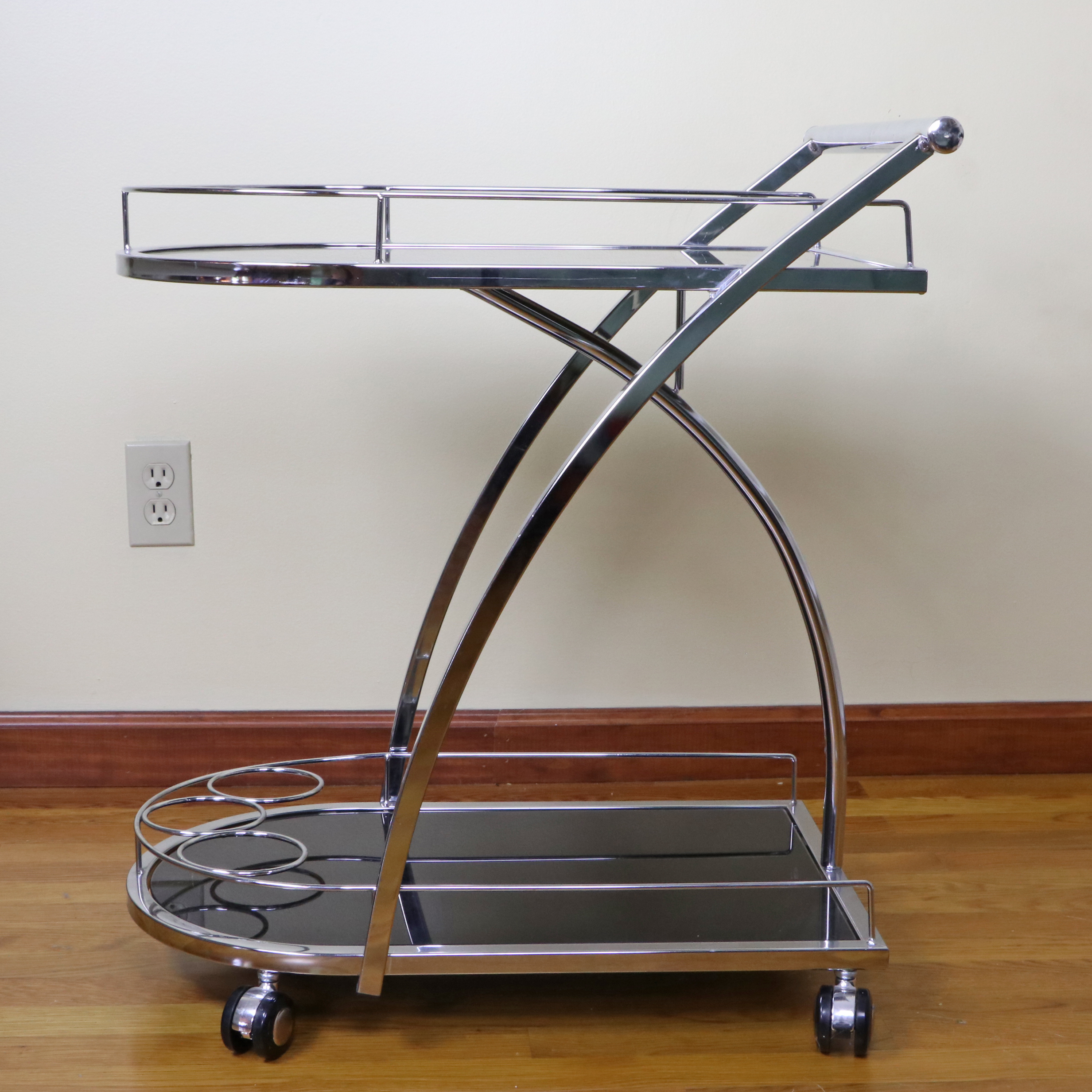 Chrome and Black Glass Rolling Bar Cart