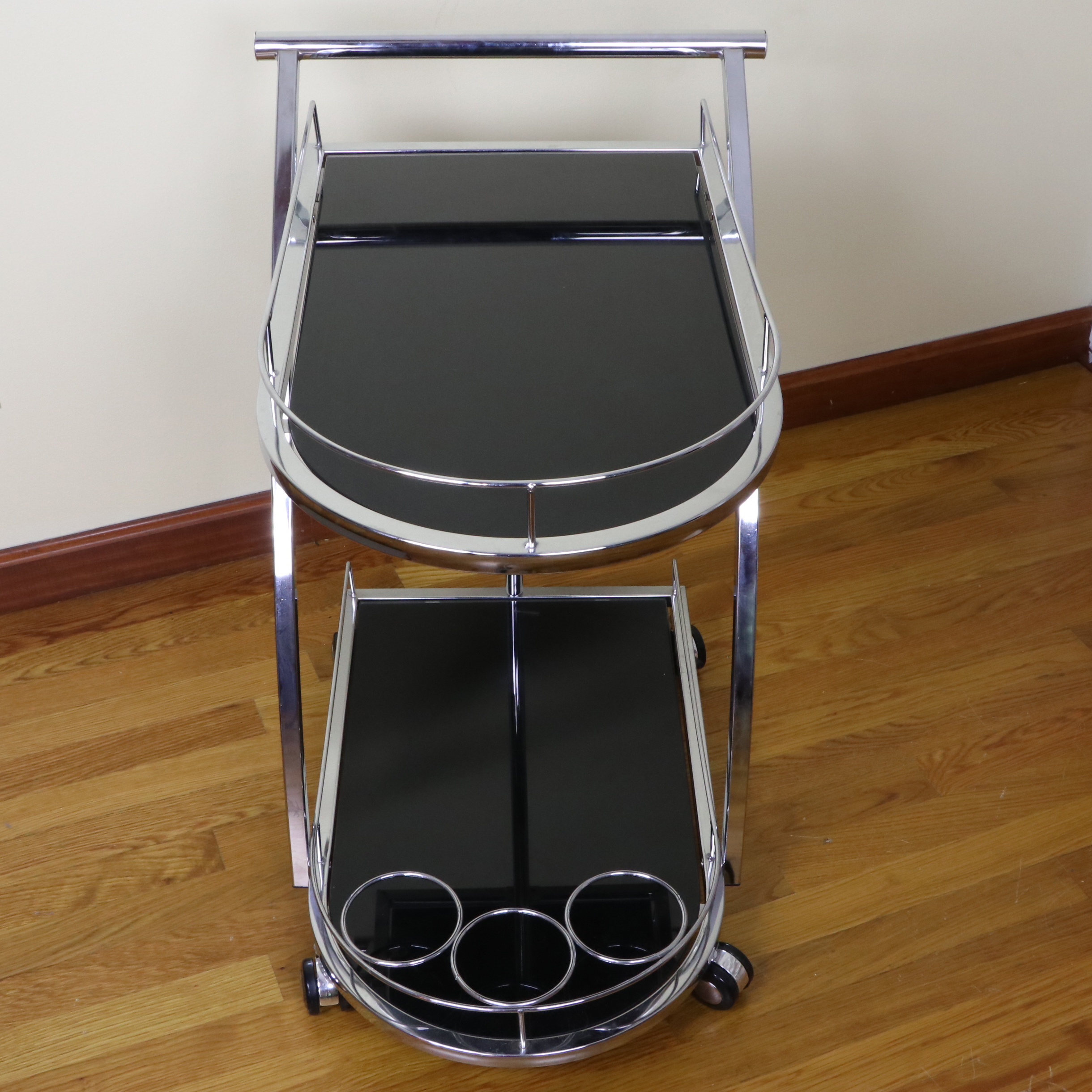 Chrome and Black Glass Rolling Bar Cart