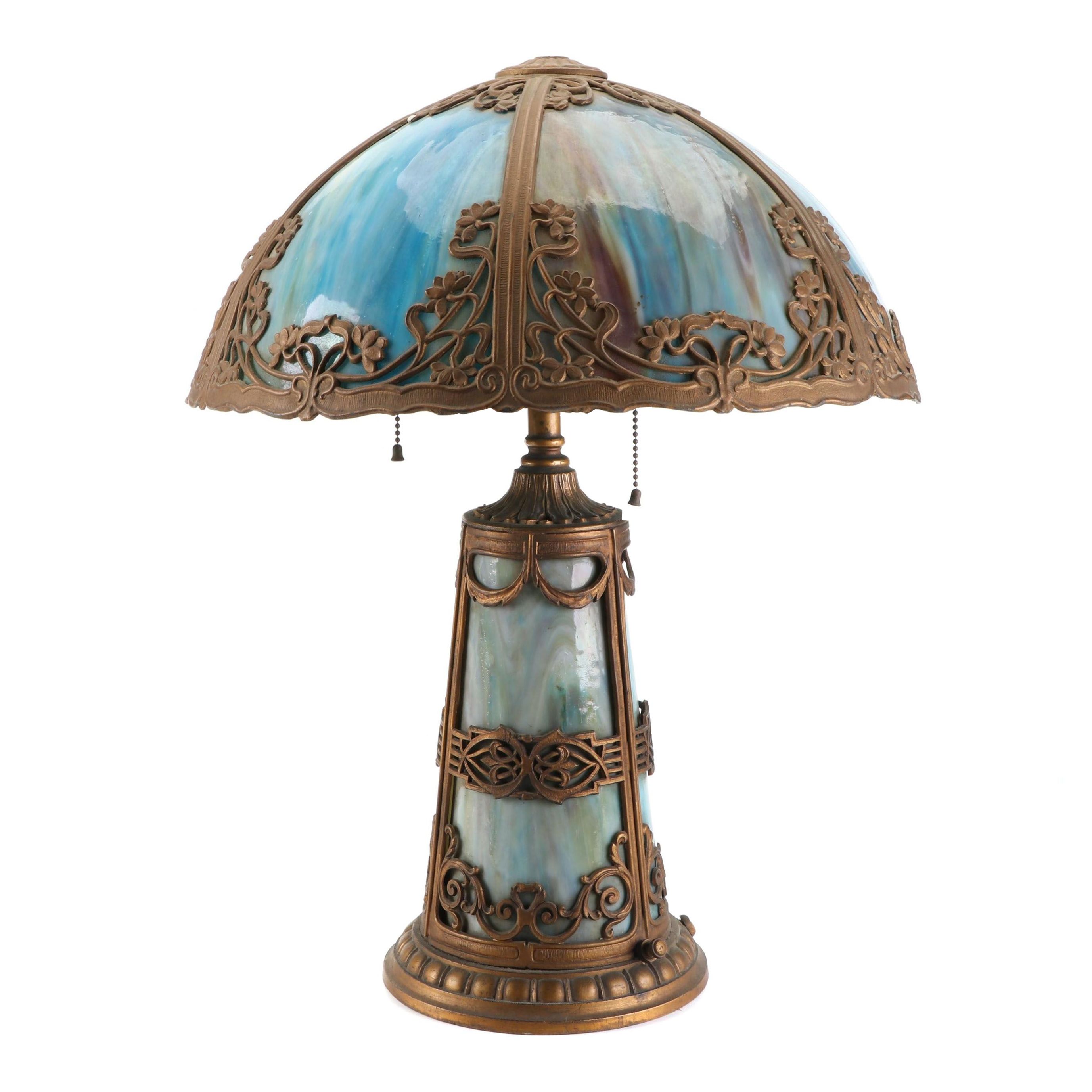 Blue Slag Glass Bent Glass Table Lamp with Overlay and Lighted Base