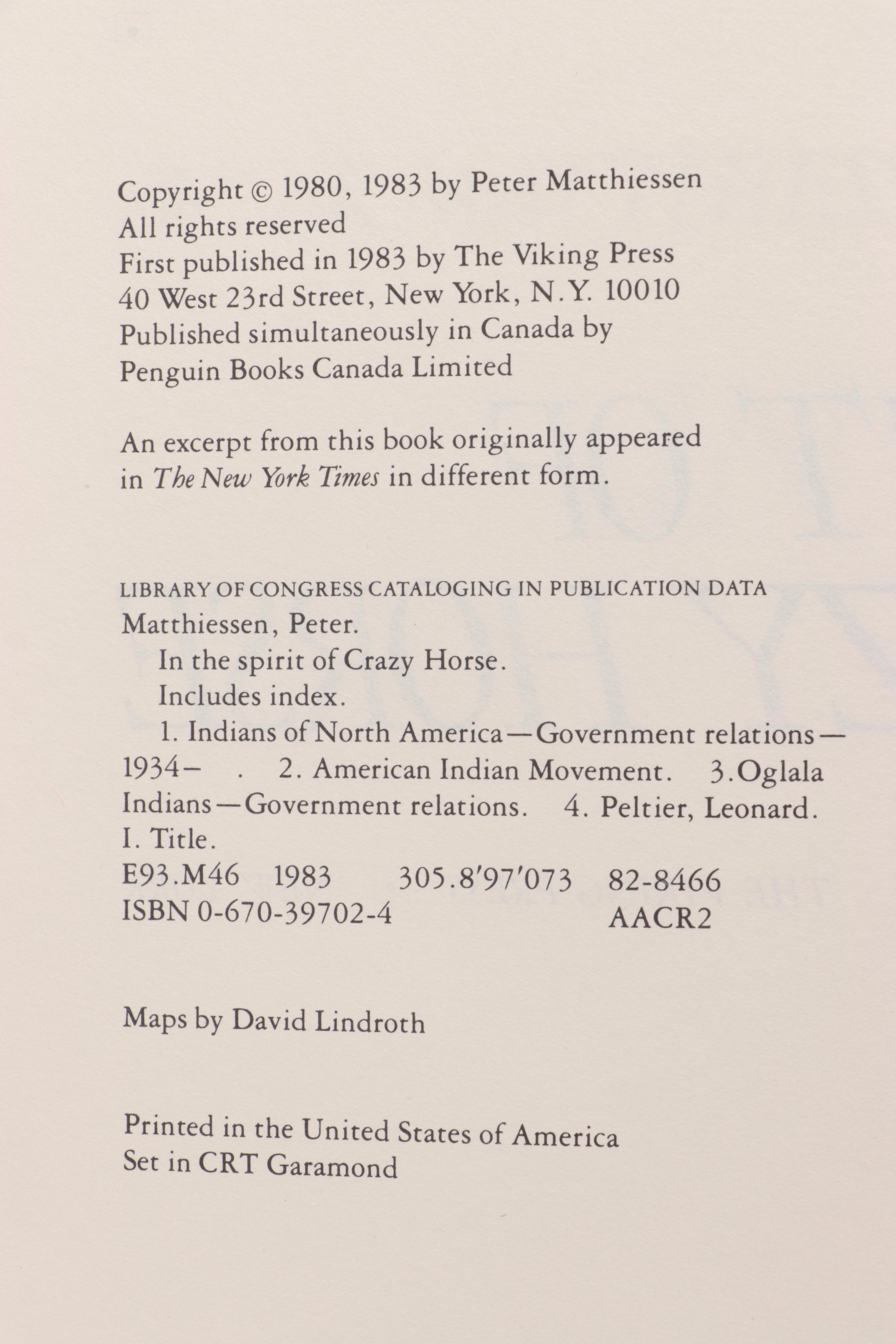 Signed First Edition "In the Spirit of Crazy Horse" by Peter Matthiesen, 1983