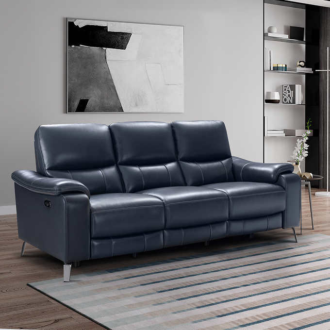 Northridge Home "Aleena" Reclining Blue Leather Sofa with Power Headrest
