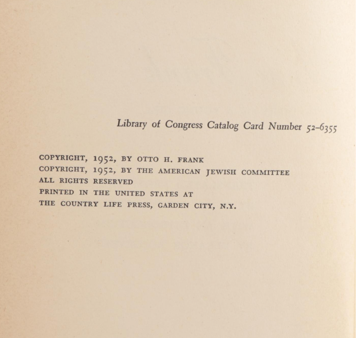 Early American Printing "The Diary of a Young Girl" by Anne Frank, 1952