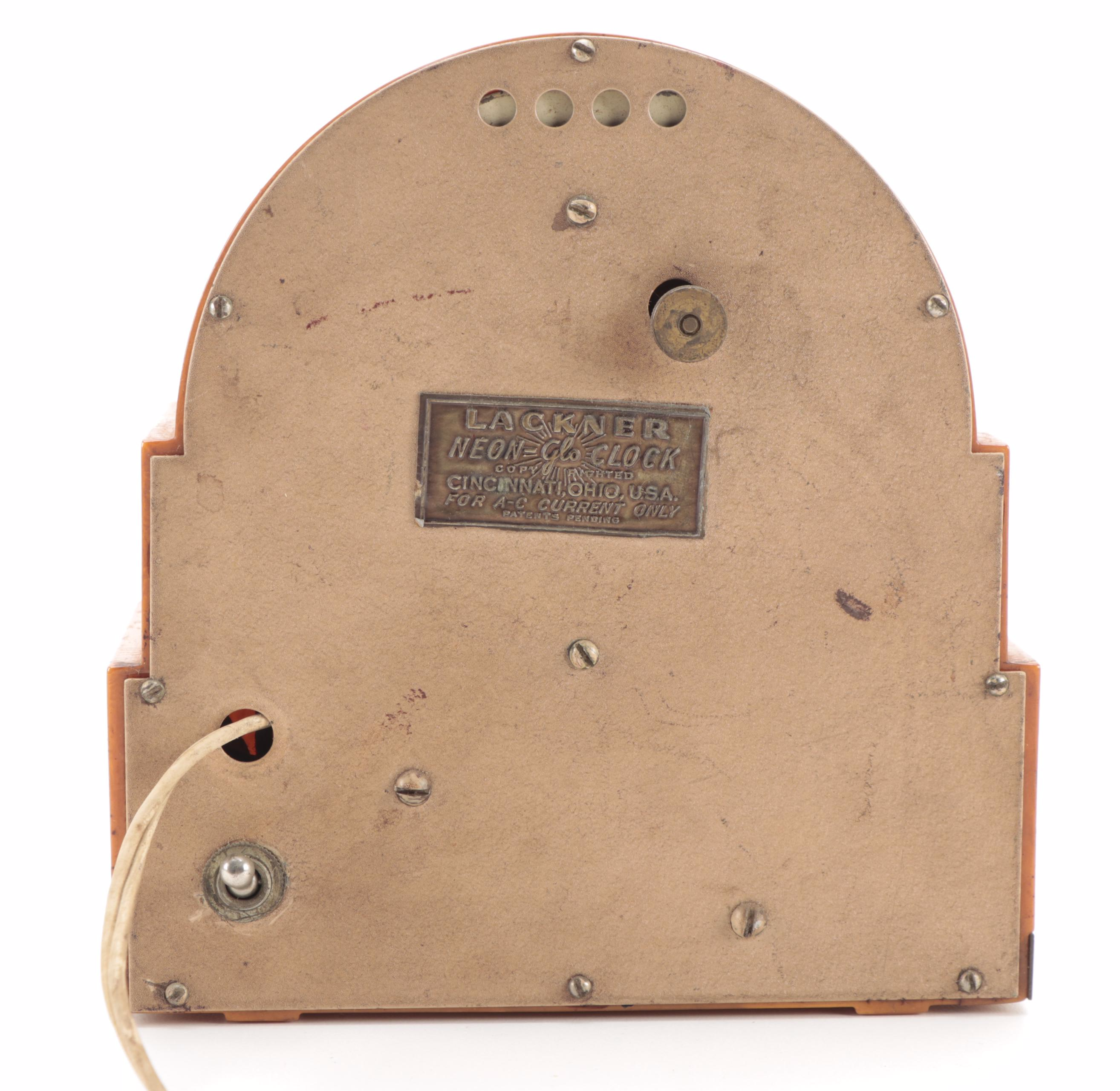 Lackner Cincinnati "Dulcy" Neon-Glo Bakelite Desk Clock, Early to Mid-20th C.