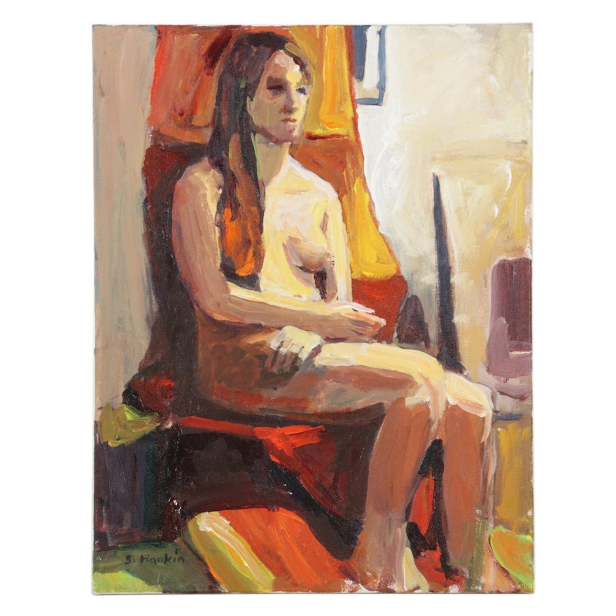 Stephen Hankin Acrylic Painting "Female Model, Long Dark Hair," Circa 2019