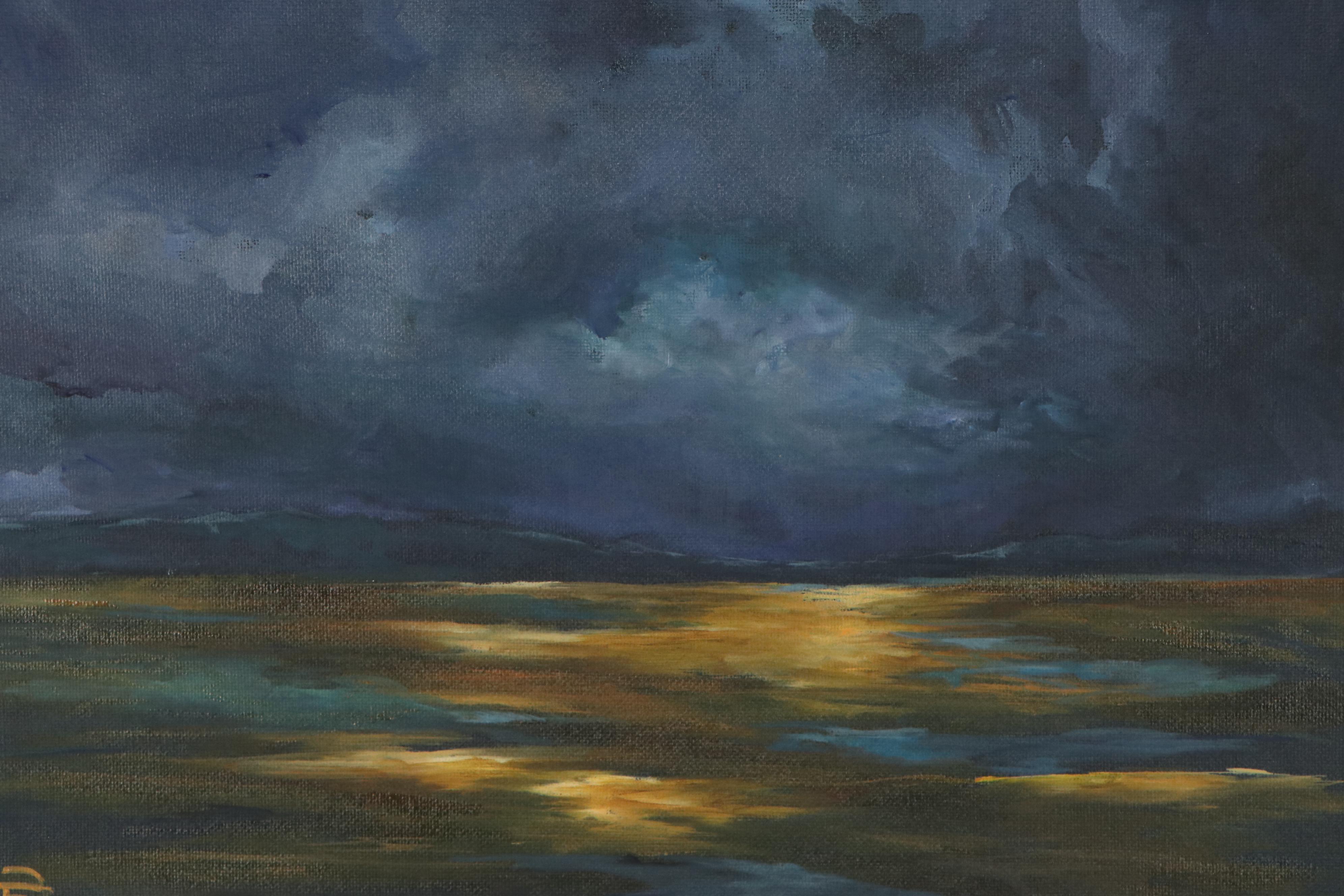 Daniela Fernandez Oil Painting of Ocean View at Night, 21st Century